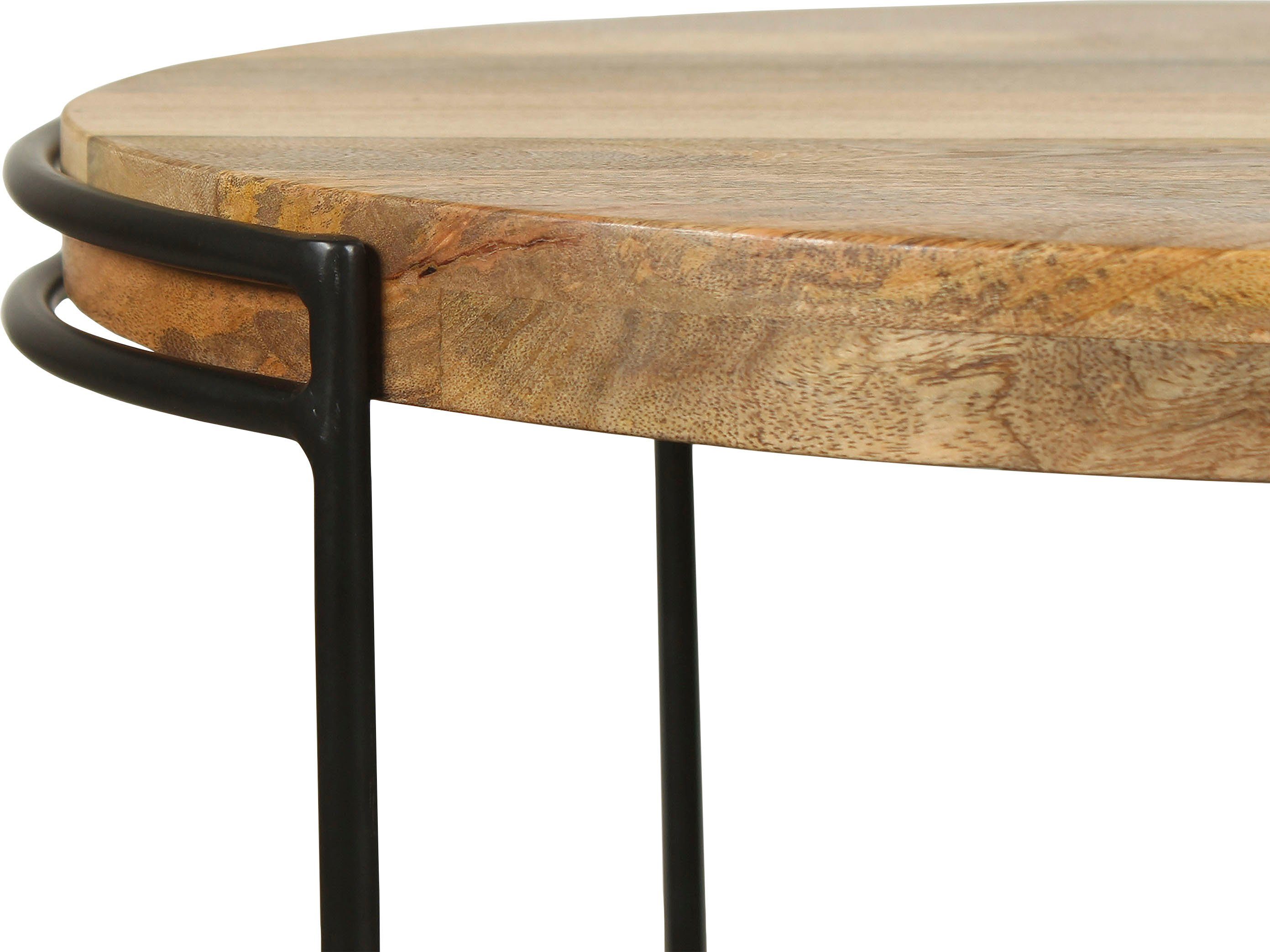 byLIVING Salontafel Hanna massief mango tafelblad 35 mm en zwarte metalen poten, rond 60 cm