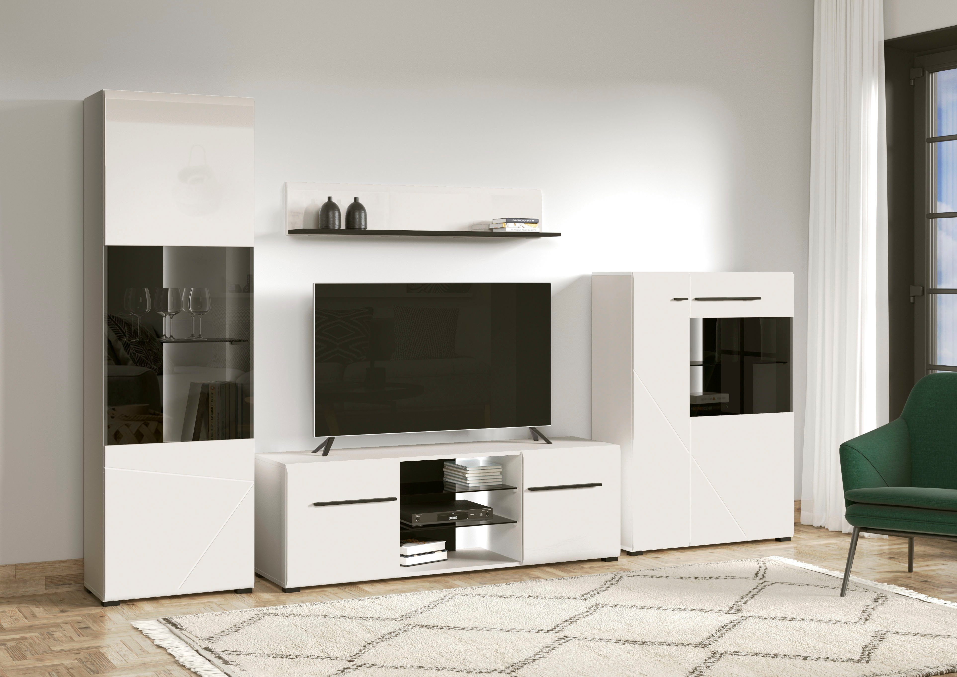 INOSIGN Wandmeubel Trentino Inclusief vitrinekast, lowboard, highboard en wandplank (set, 4-delig) tv-wandmeubels wit