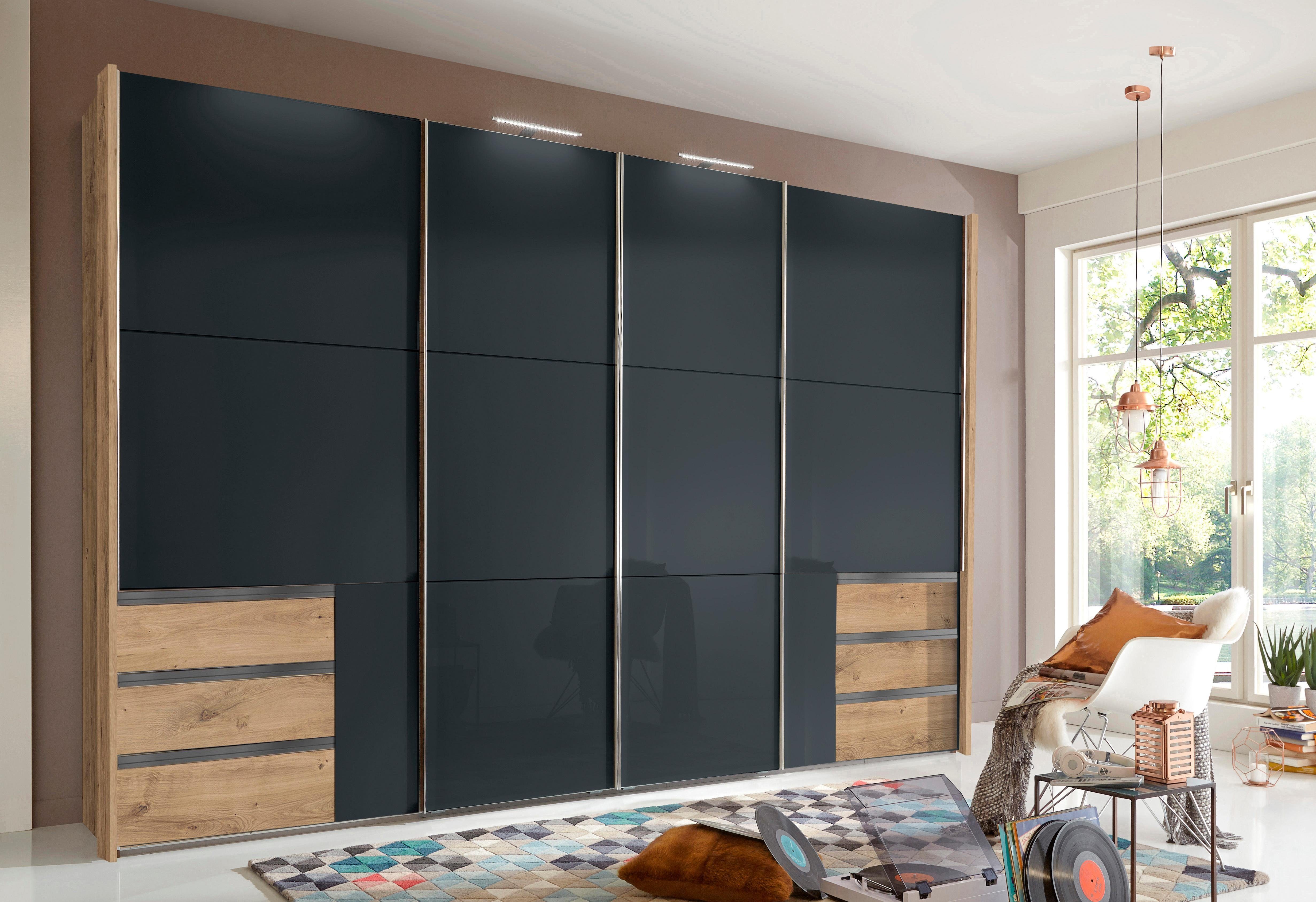 Wimex Zweefdeurkast Level by fresh to go met glazen deuren en synchroon openen zweefdeurkasten maat 350 cm x 236 cm bruin
