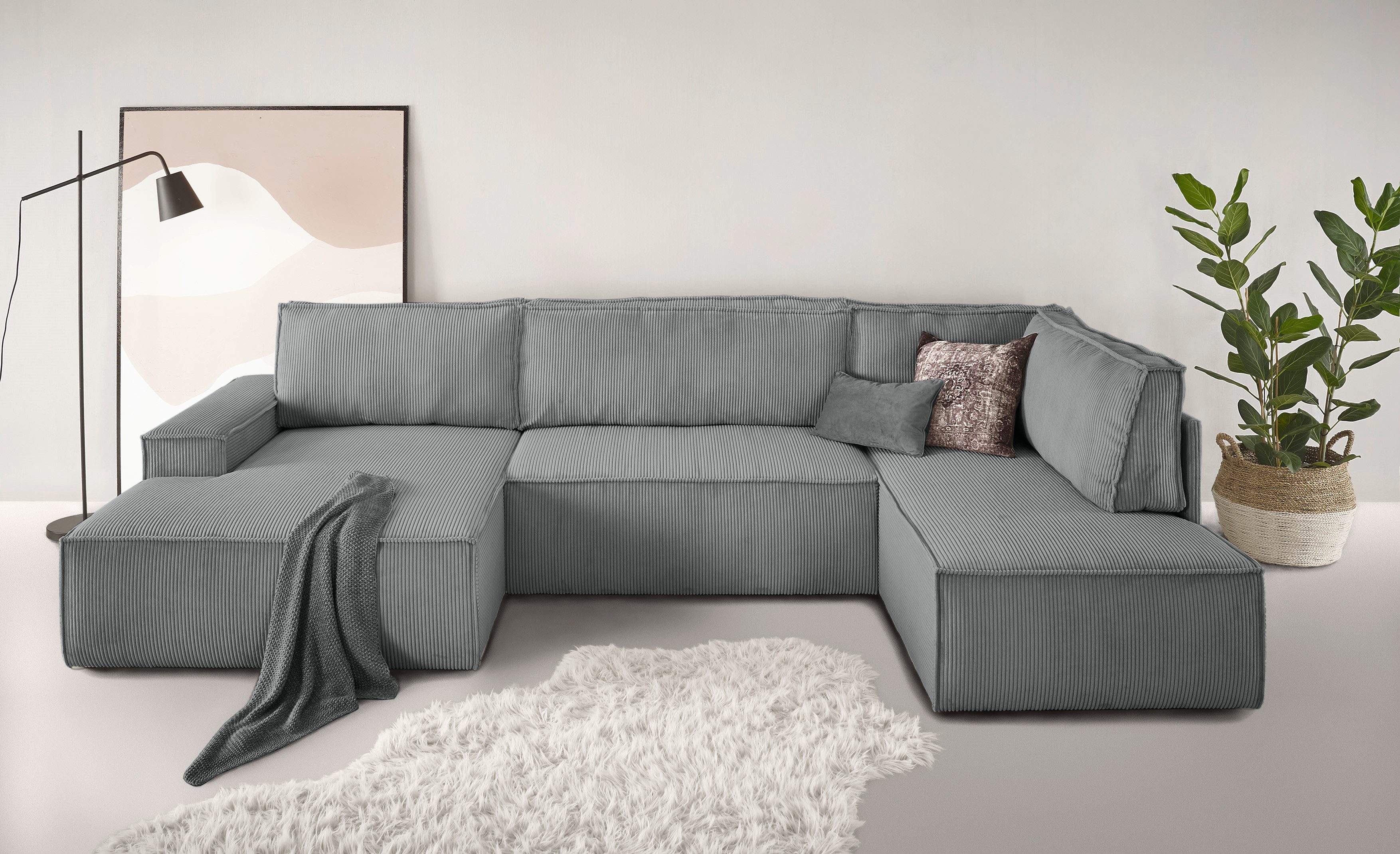 Home affaire Zithoek SHERWOOD 329 cm, U-vorm, slaapbank, Slaapfunctie met bedkist (194x139 cm), cord, vintage, fluweel