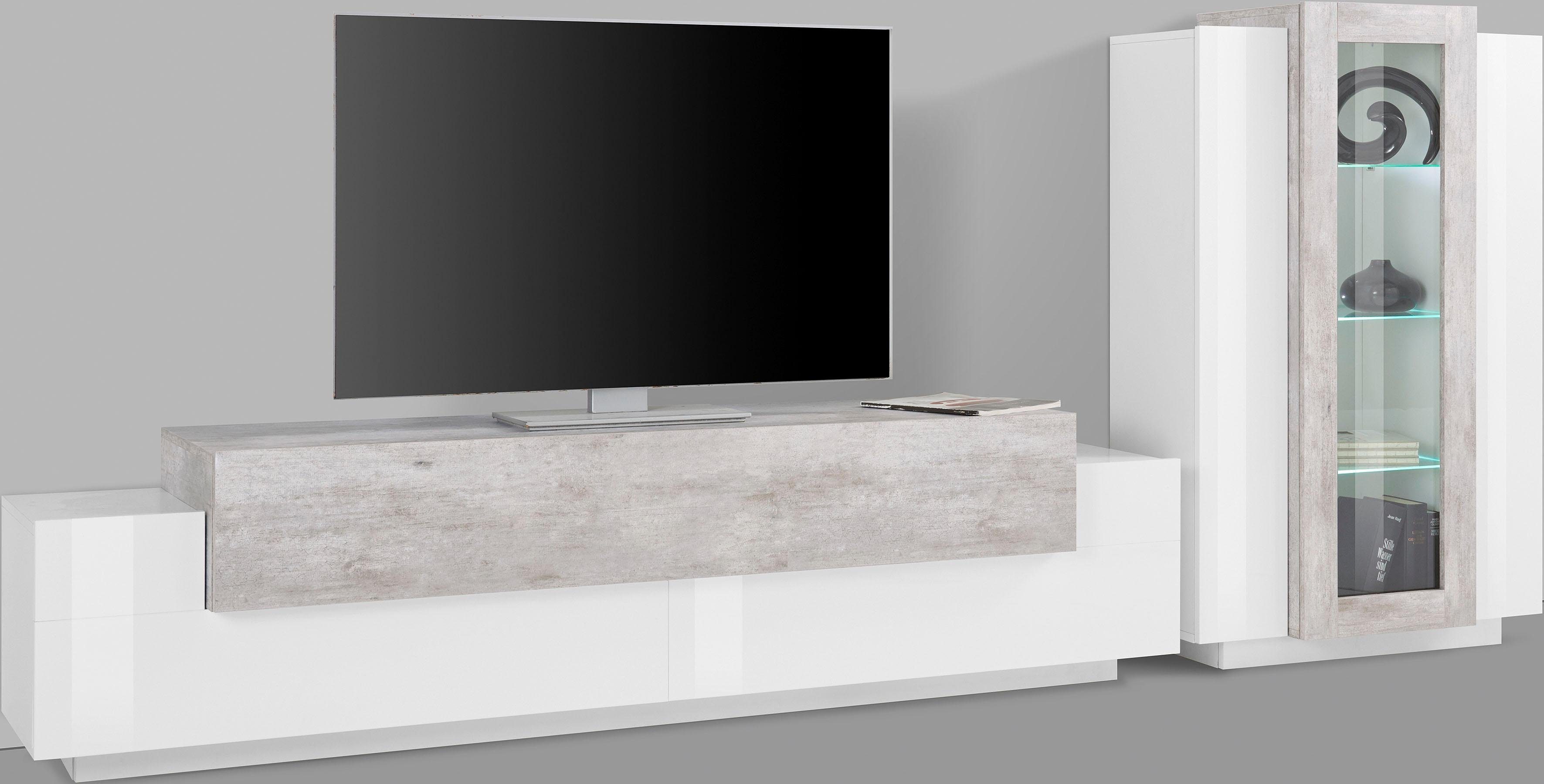 INOSIGN Wandmeubel Coro, aanbouwwand, mediawand Lowboard met 4 vakken, breedte 200 cm en vitrinekast met 3 deuren, breedte 80 cm (set, 2 stuks)