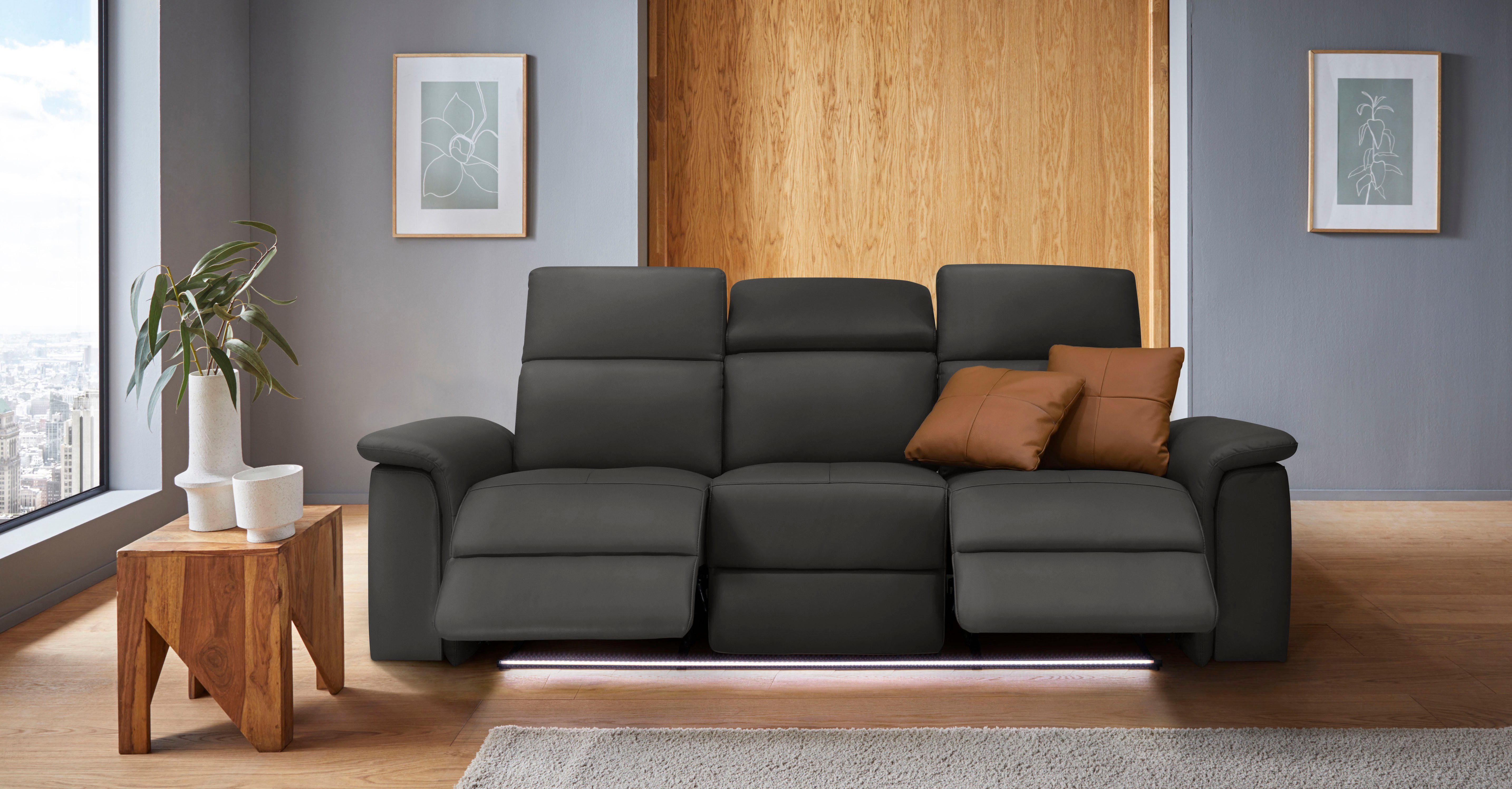 Places of Style 3-zitsbank Pareli 229 cm, handmatige en elektrische relaxfunctie in 2 zits USB, verstelbare hoofdsteun, LED-verlichting, in echt leer, kunstleer, geweven stof