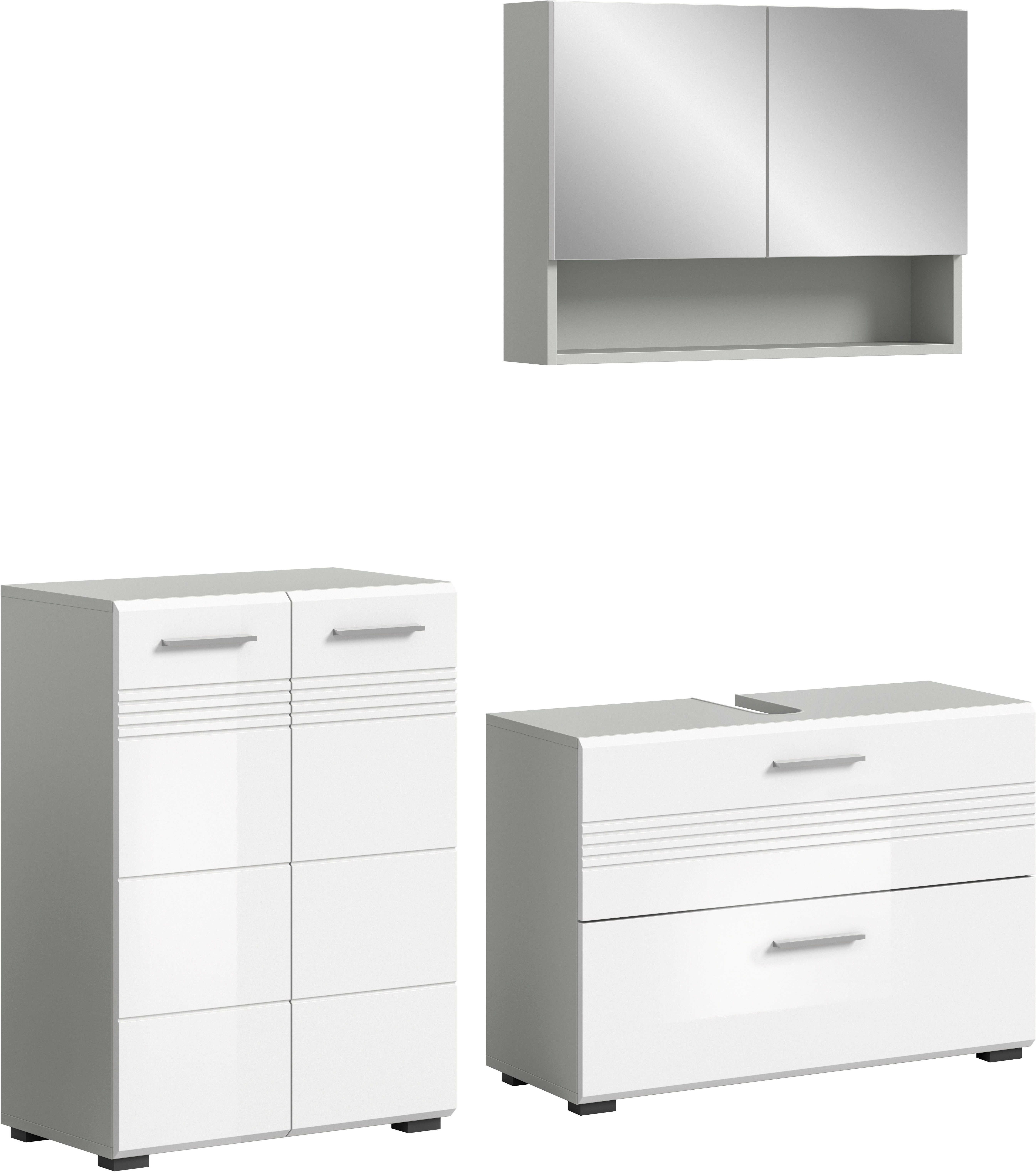 welltime Badmeubelset Calicio, bestaande uit: midikast, wastafelonderkast Spiegelschrank, hoogwaardige MDF front met groeffrasing (3 stuks)