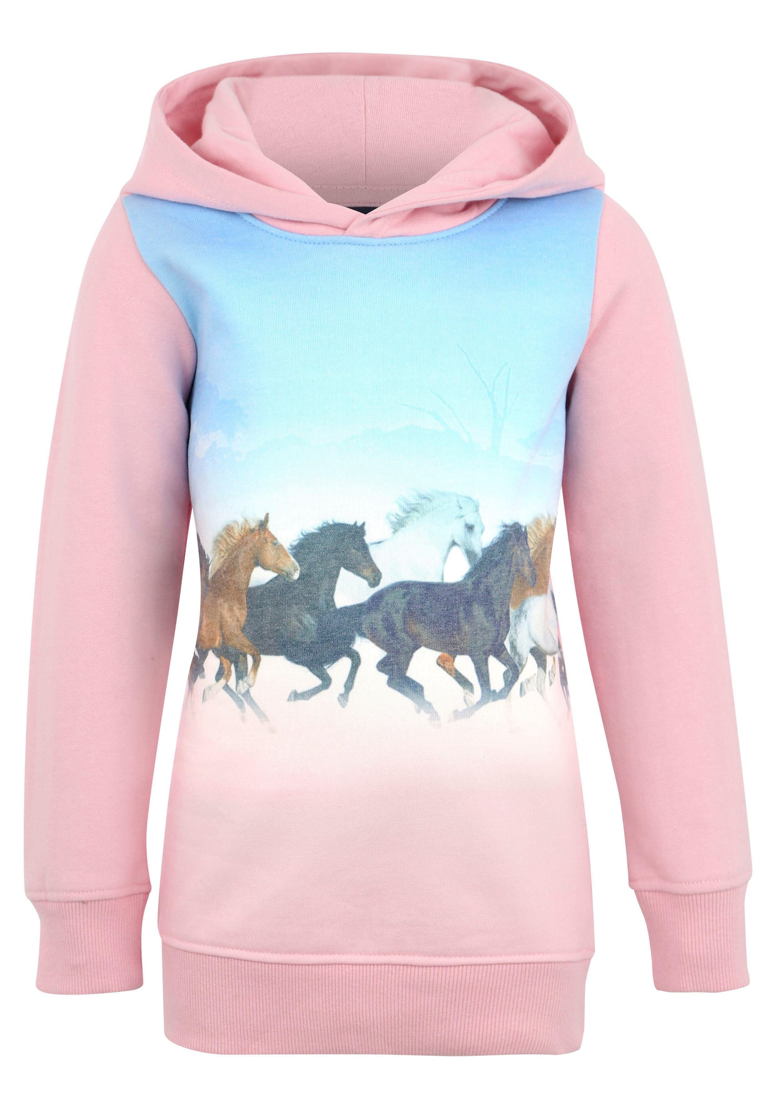 KIDSWORLD Lang sweatshirt Voor kleine meisjes Lange mouwen, bedrukt, met capuchon, van opgeruwde sweatstof