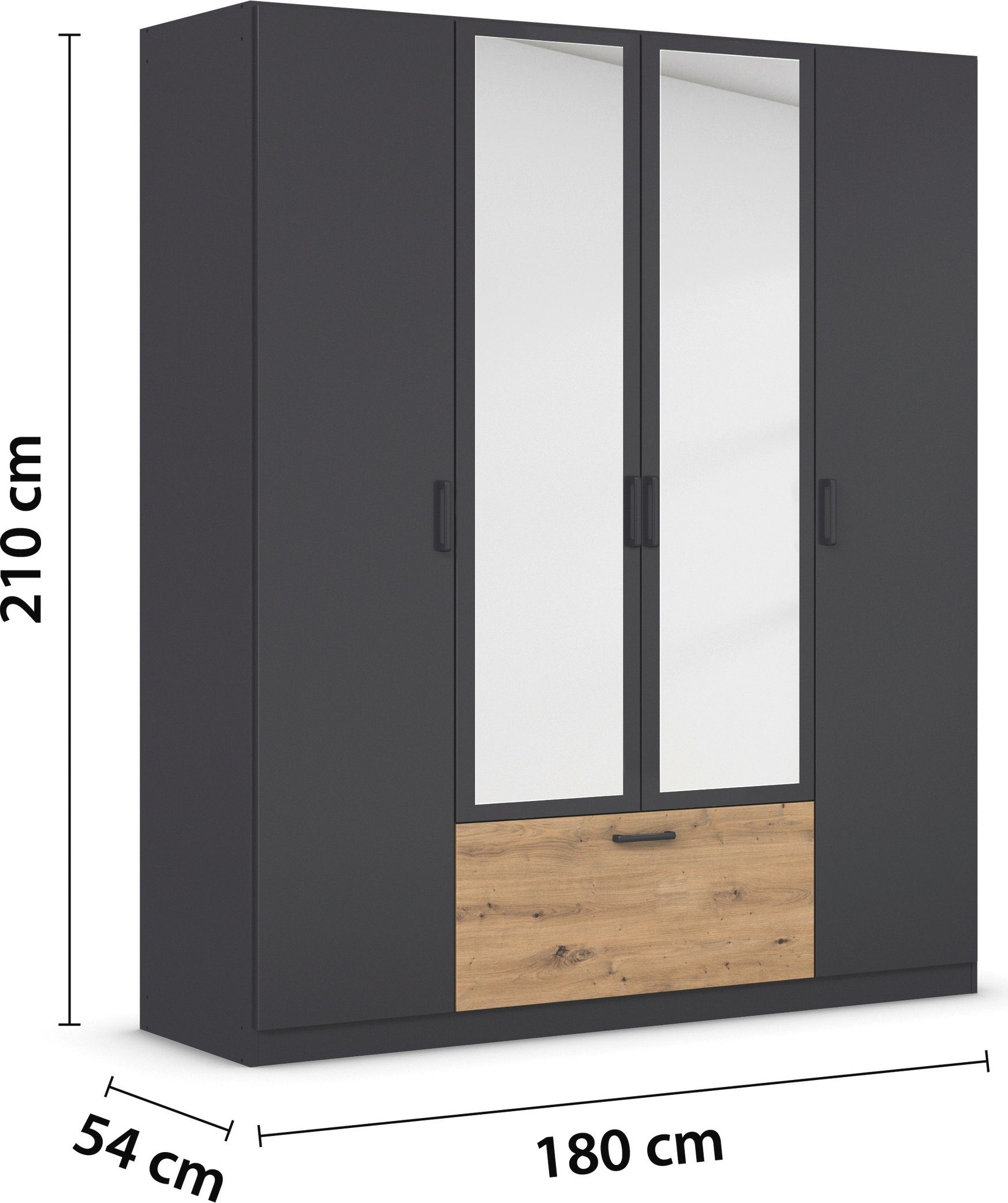 rauch Draaideurkast Kledingkast kast garderobe waskast BARI met spiegel met lades in het midden, moderne greep in grijs metallic made in germany