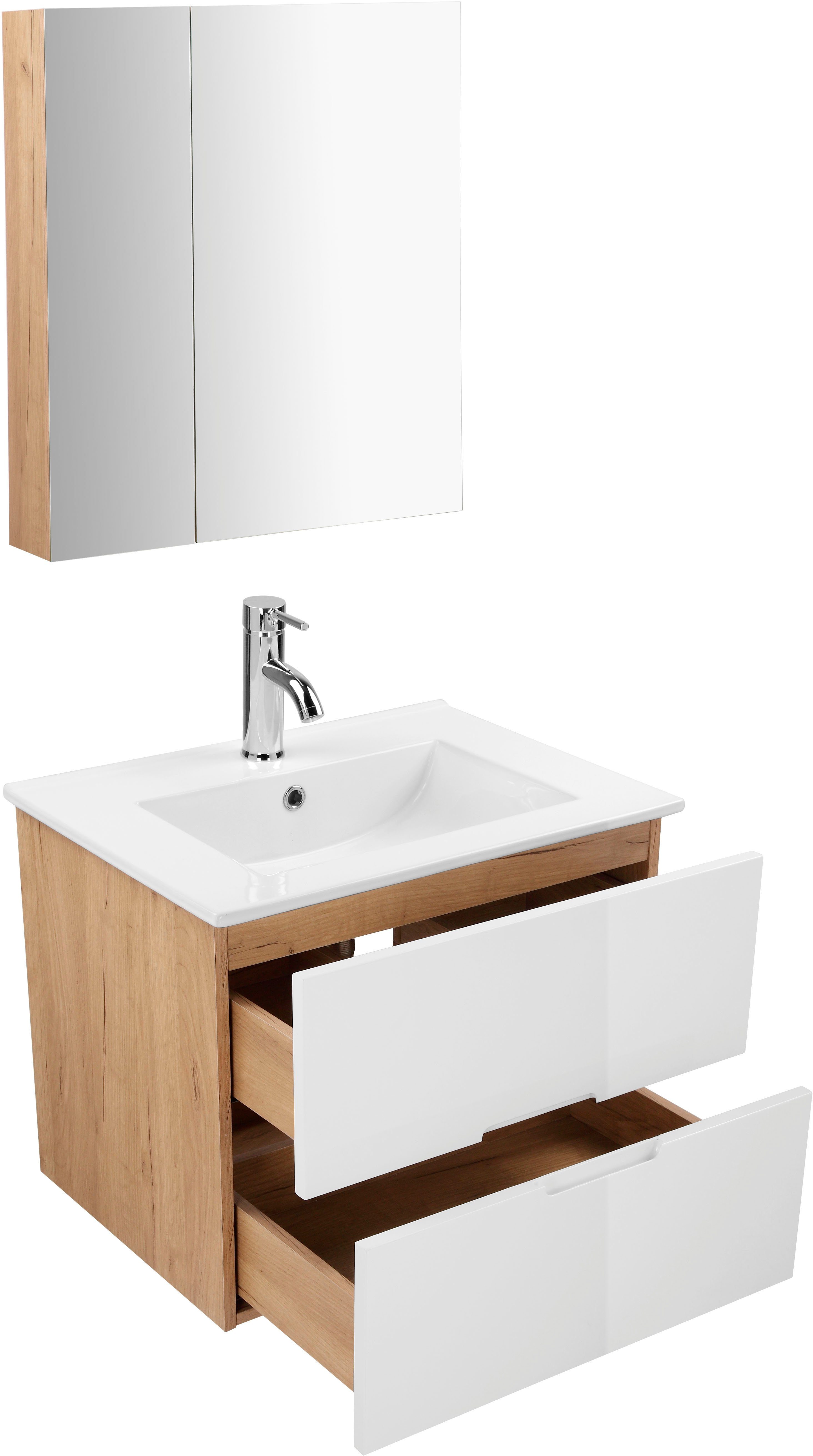 welltime Badkamerserie Lund badkamermeubelset badkamerkast badkamerset Spiegelkast, wastafelonderkast en wasbak breedte 60 cm (complete set)