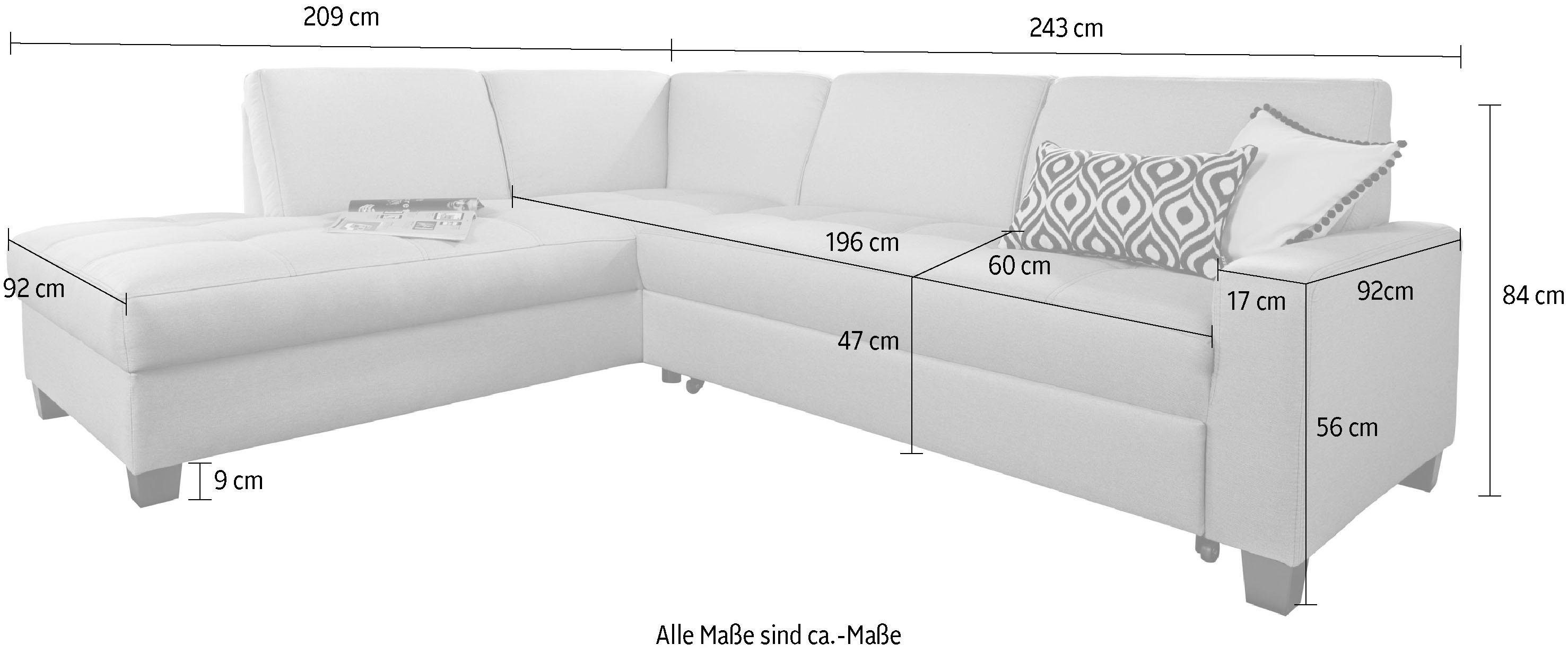DOMO collection Hoekbank Florentina tijdloos en elegant, zitnaden als designelement, L-vorm keuze met slaapfunctie, met contrastnaad, comfortabele zithoogte 47 cm