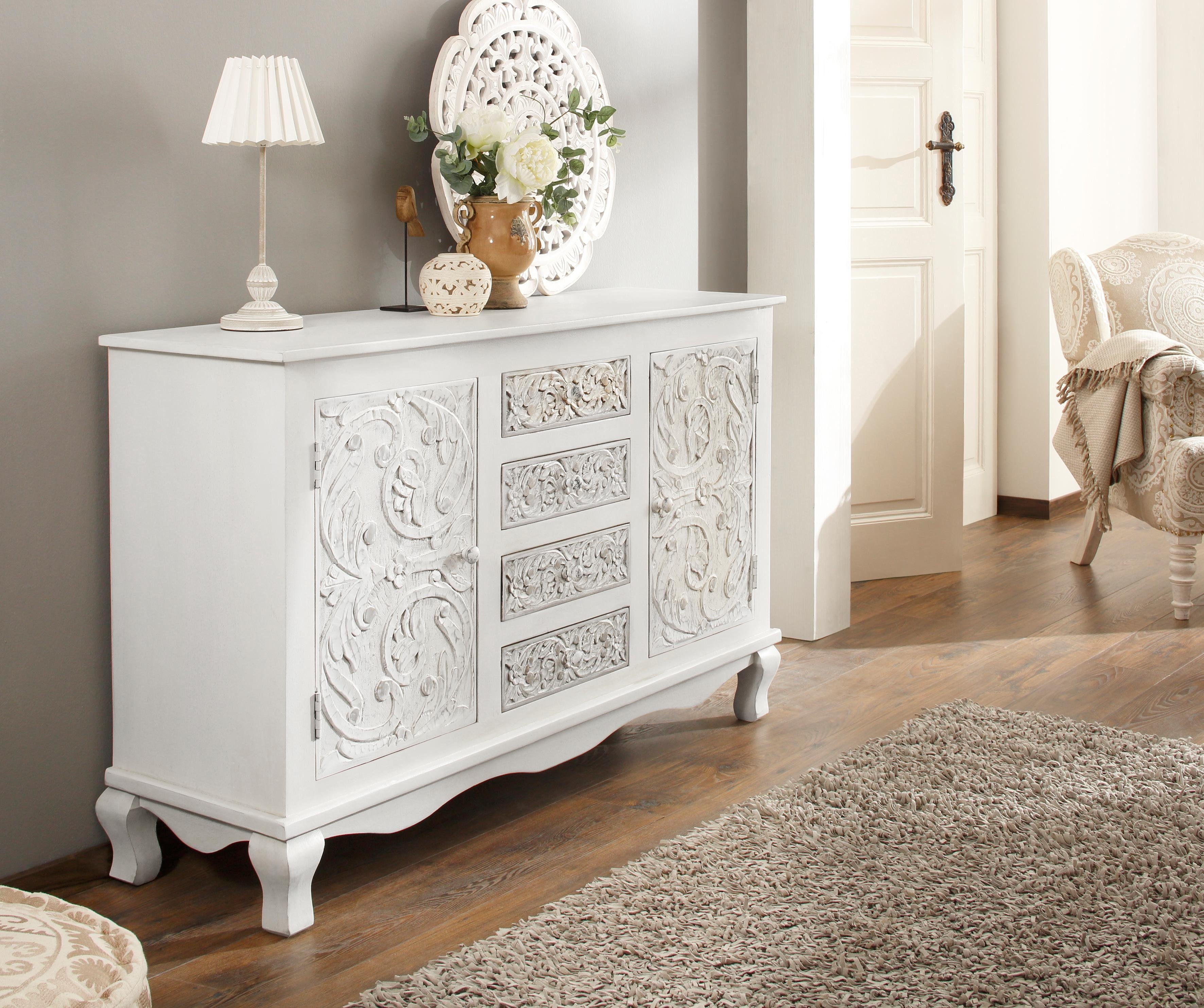 Home affaire Dressoir Rajat Kast van mangohout met deurfrontfrezingen, breedte 140 cm dressoirs maat 140x40x85 cm beige