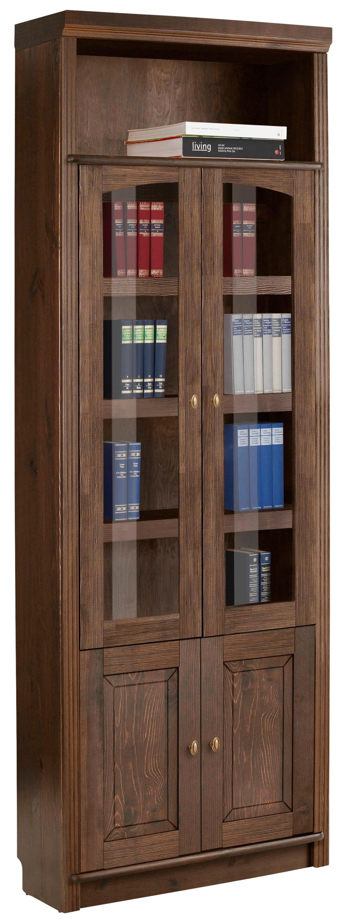 home affaire boekenkast soeren massief grenen, in 2 hoogten, diepte 29 cm, deuren met vensterglas-inzet bruin