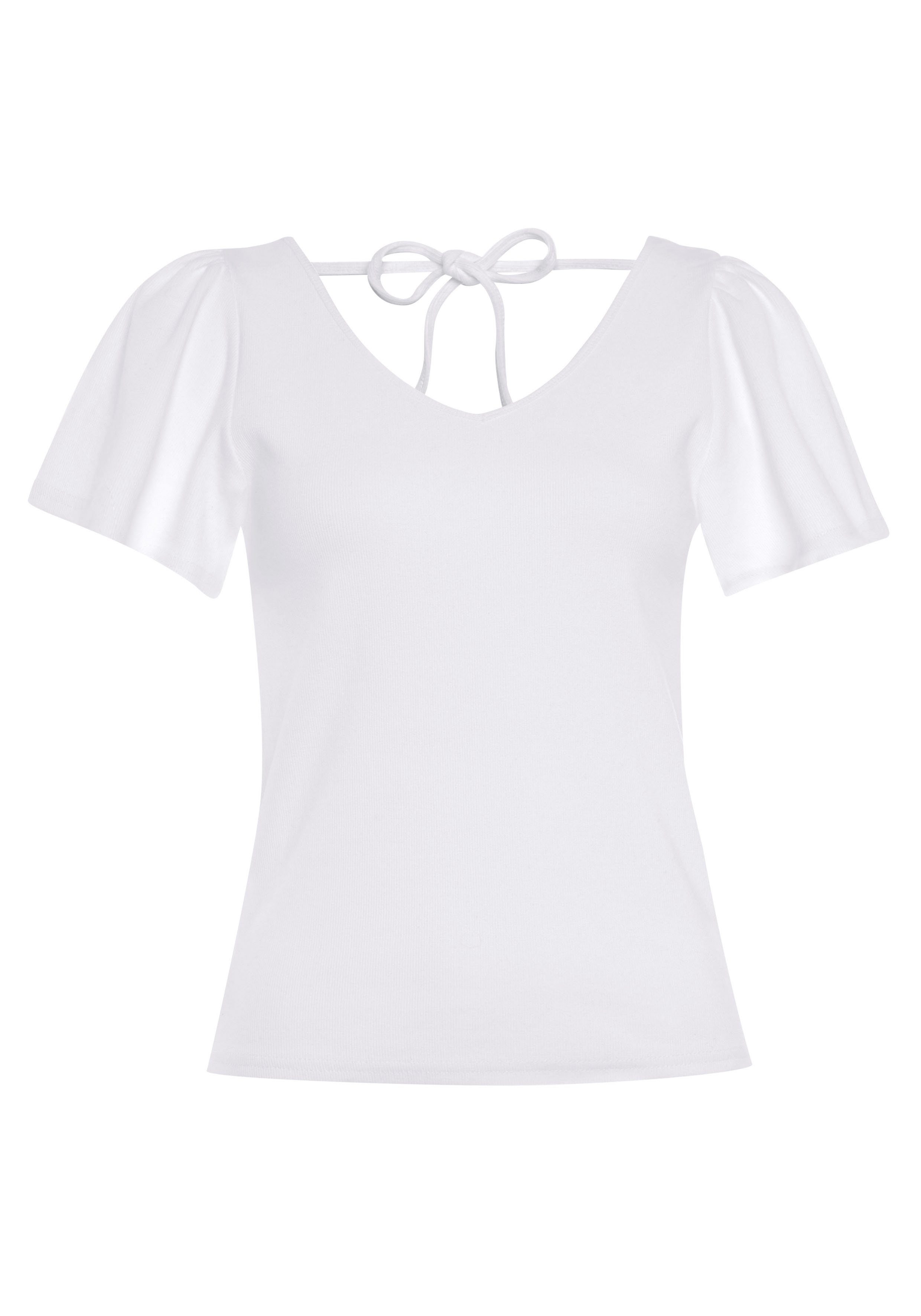 Vivance Shirt met V-hals van ribstof met lichte vleugelmouwen, t-shirt om in de nek te binden