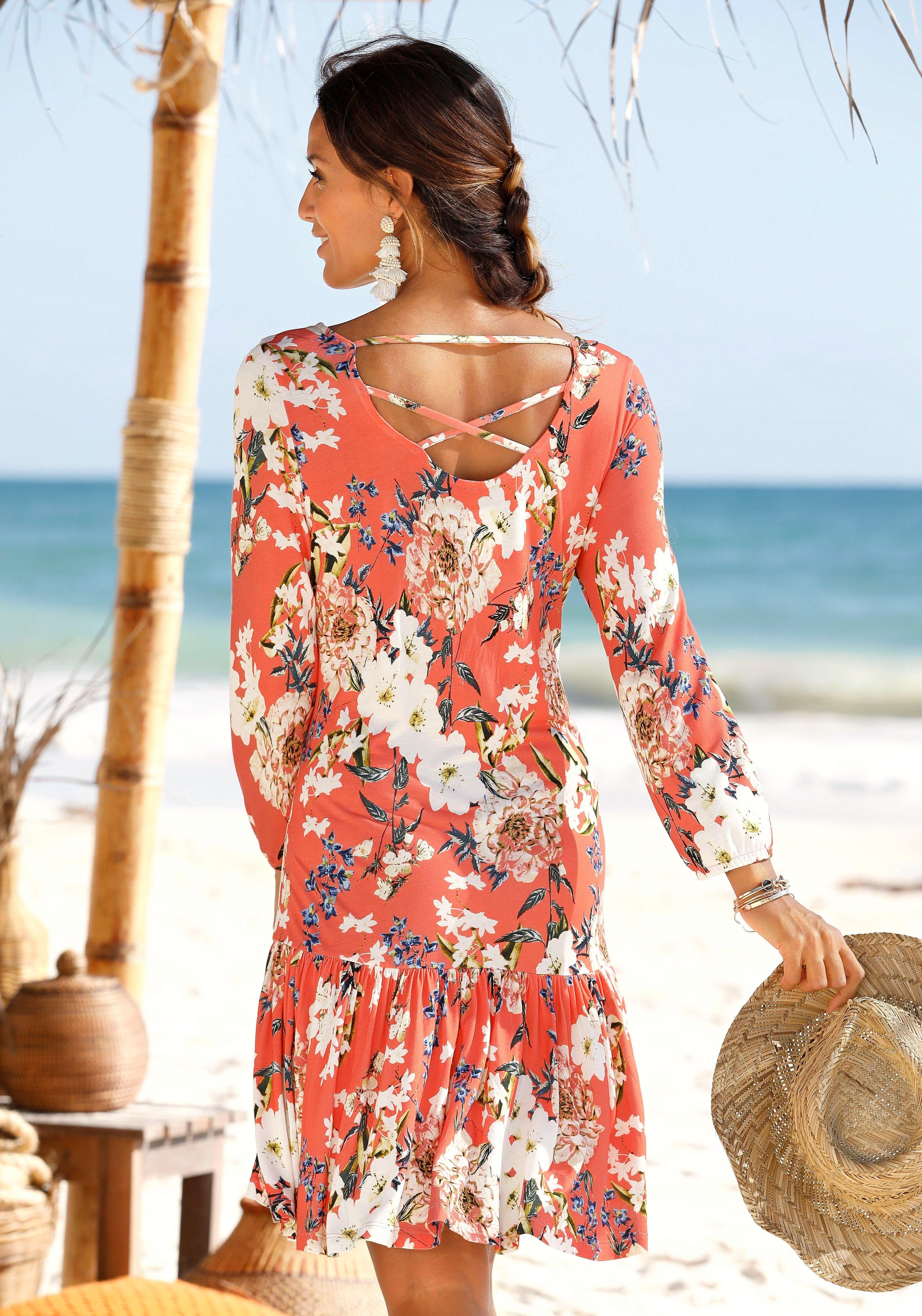 s.Oliver RED LABEL Beachwear Jerseyjurk met bloemenprint en rok met volants, 3/4 mouwen, zomerjurk, strandjurk