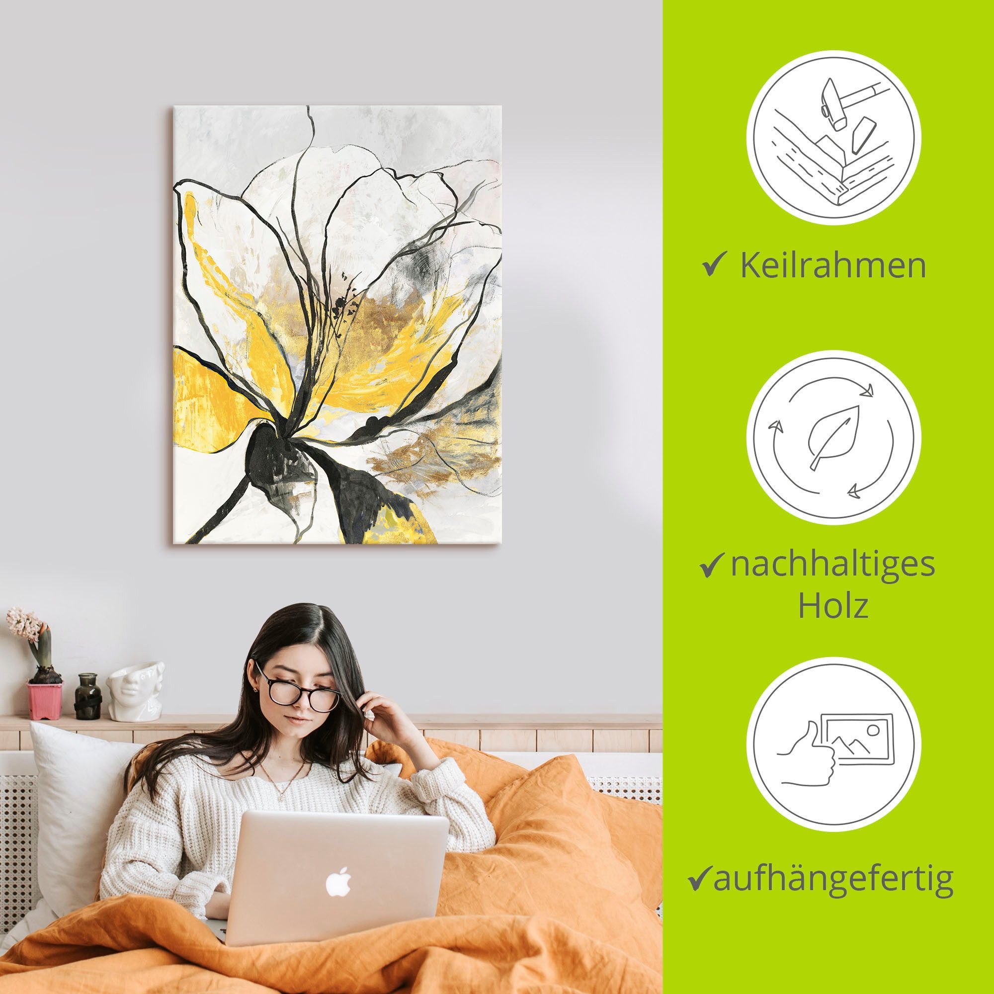 Artland Artprint Geschetst bloemdessin I gele versie als artprint van aluminium, artprint voor buiten, artprint op linnen, poster, muursticker