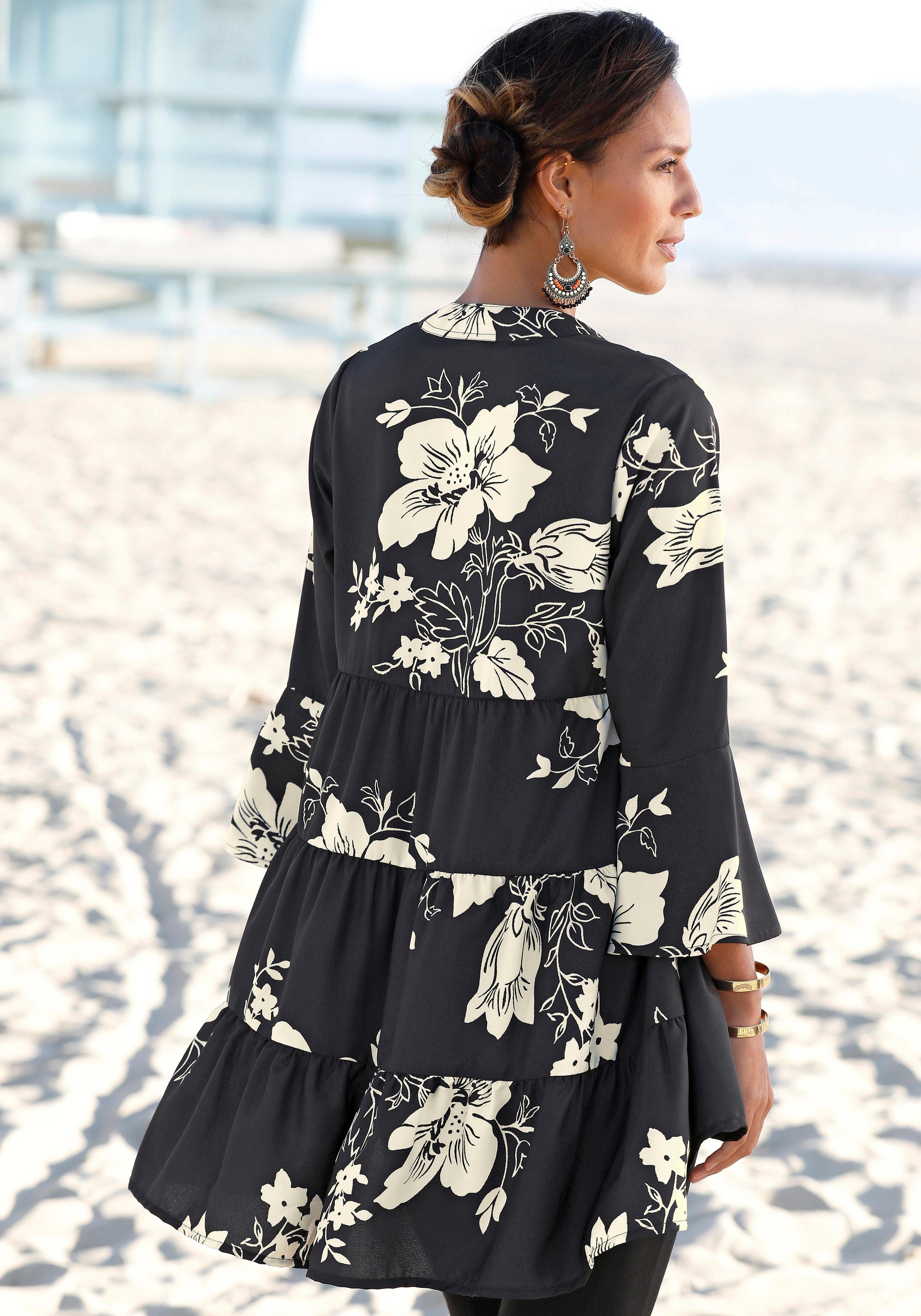 Lascana Blousejurk in wijd model met volants en bloemenprint, tuniekjurk, strandjurk