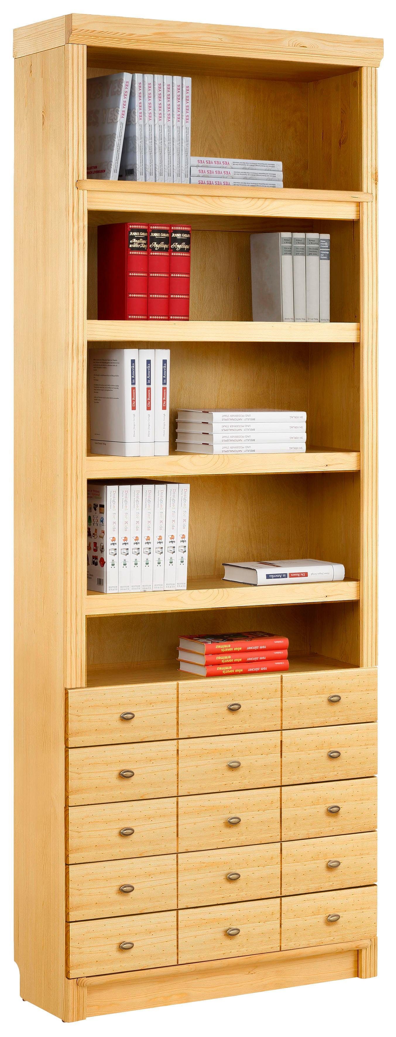 Home affaire Boekenkast Soeren van massief grenen, in 2 hoogten, diepte 29 cm, met 5 laden boekenkasten maat 80 cm x 220 cm x 29 cm beige