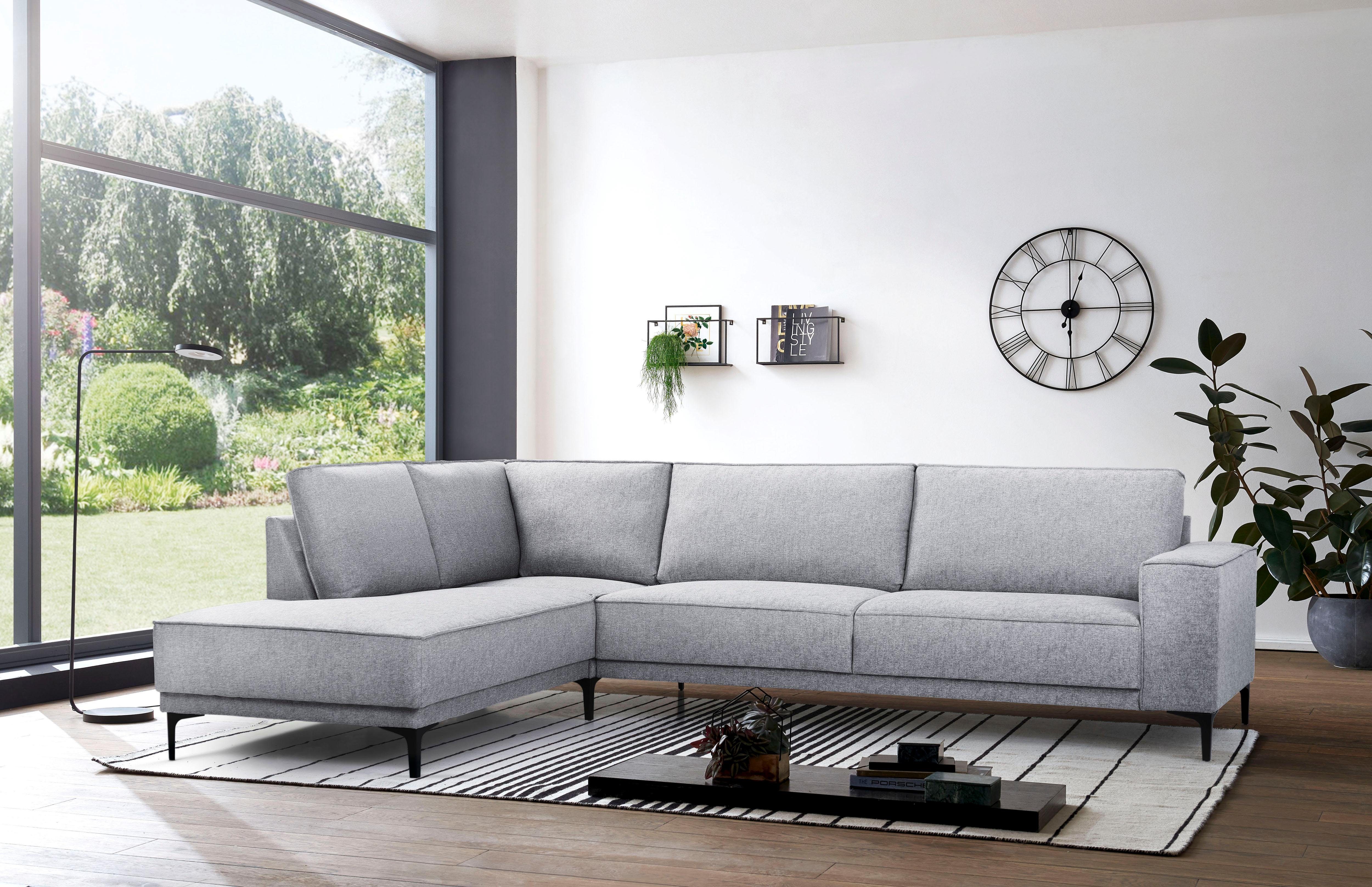 Places of Style Hoekbank Oland, structuur, platweefsel, luxe microvezel, bouclé L-vorm, 289 cm, golfondersteuning, Scandinavisch ontwerp, metalen poten