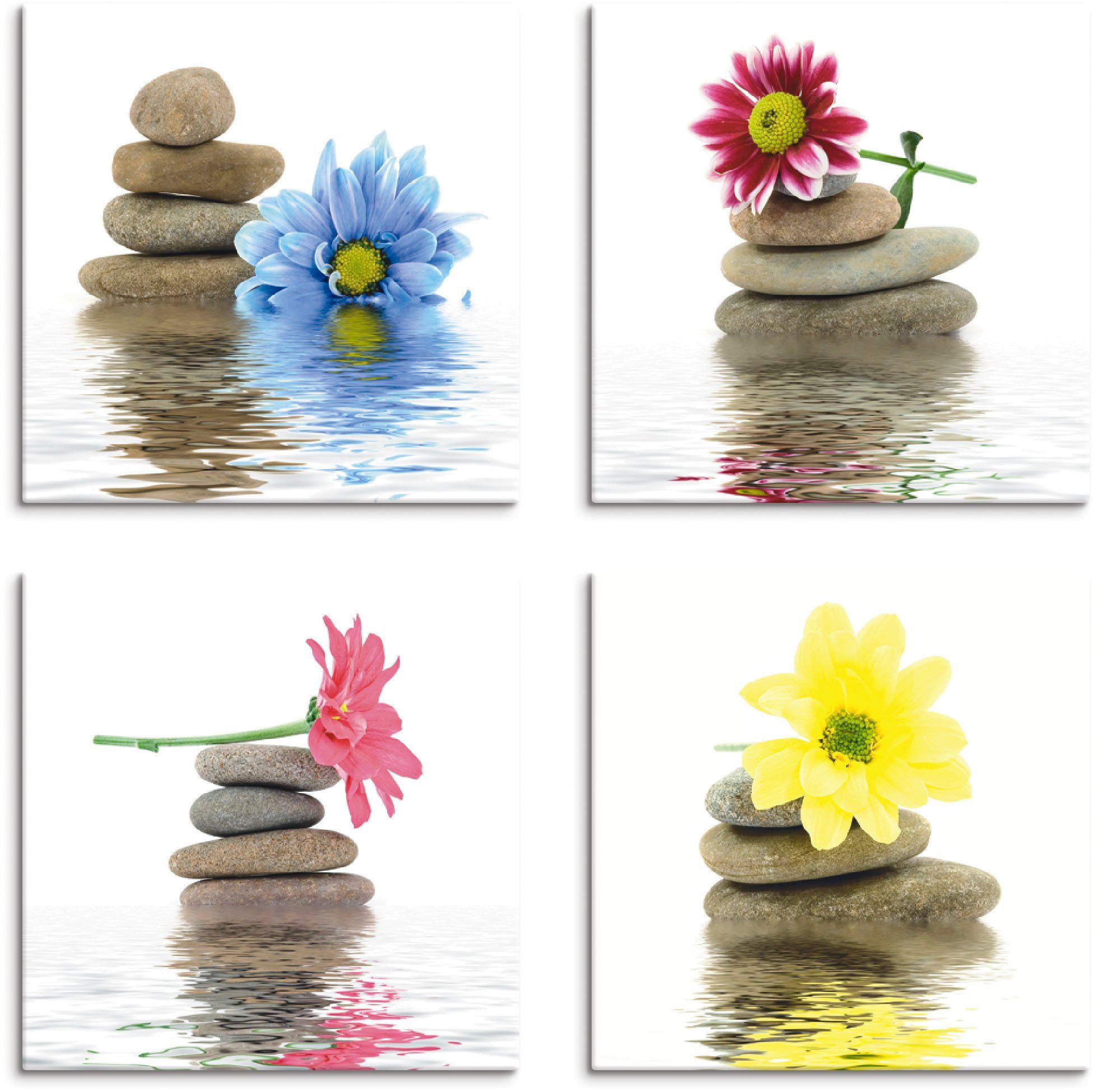 Artland Artprint op linnen Zen therapie-stenen met bloemen (4 stuks)