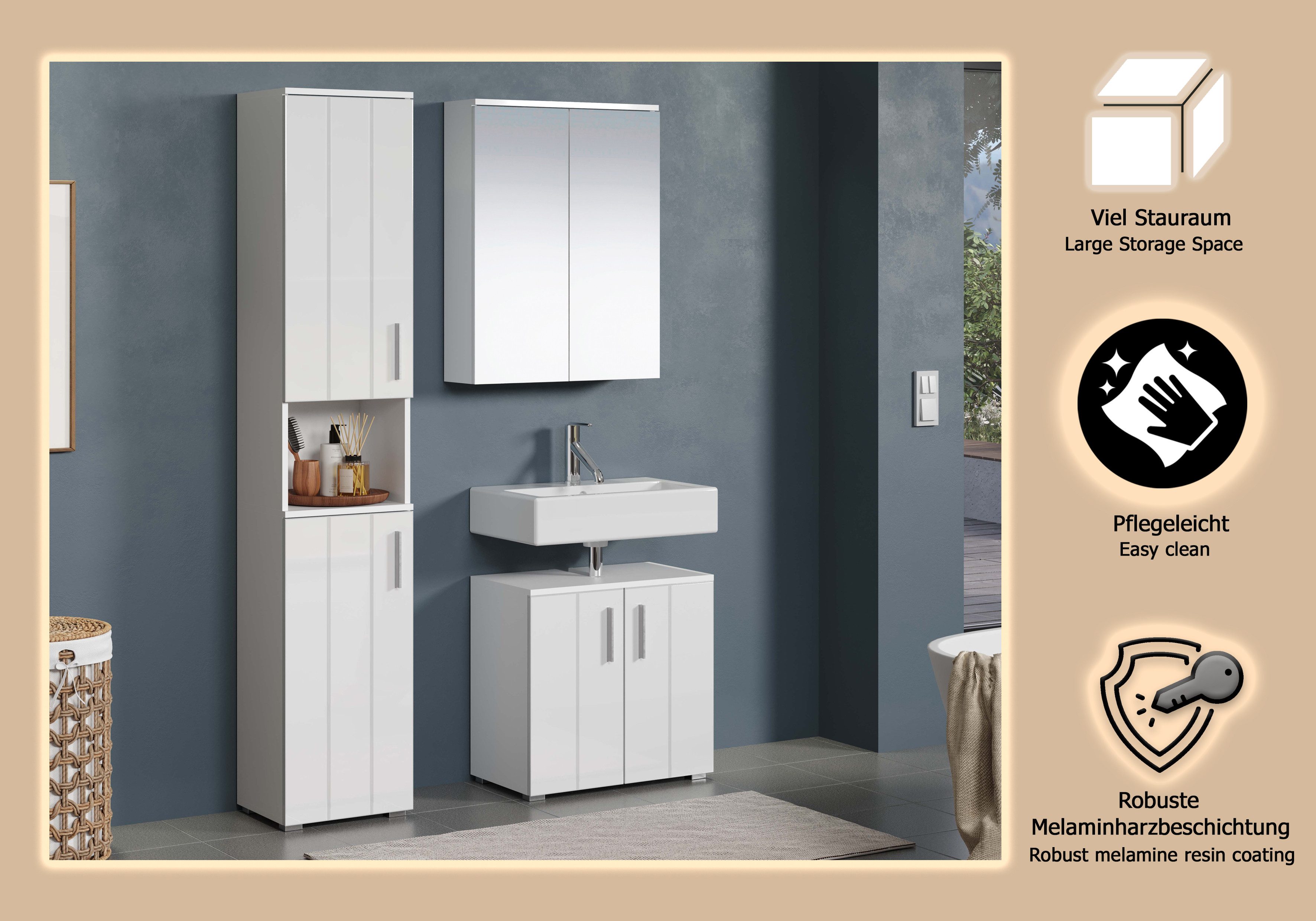 welltime Badkamerset Praag Hoge kast, wastafel en spiegelkast met verticale frezingen (set, 3 stuks)