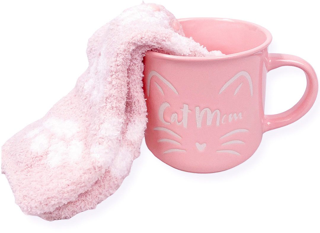 Capelli New York Wellness-sokken Cadeauset met roze knuffelsokken en roze "Cat Mom" mok (1 kopje en 1 paar sokken)