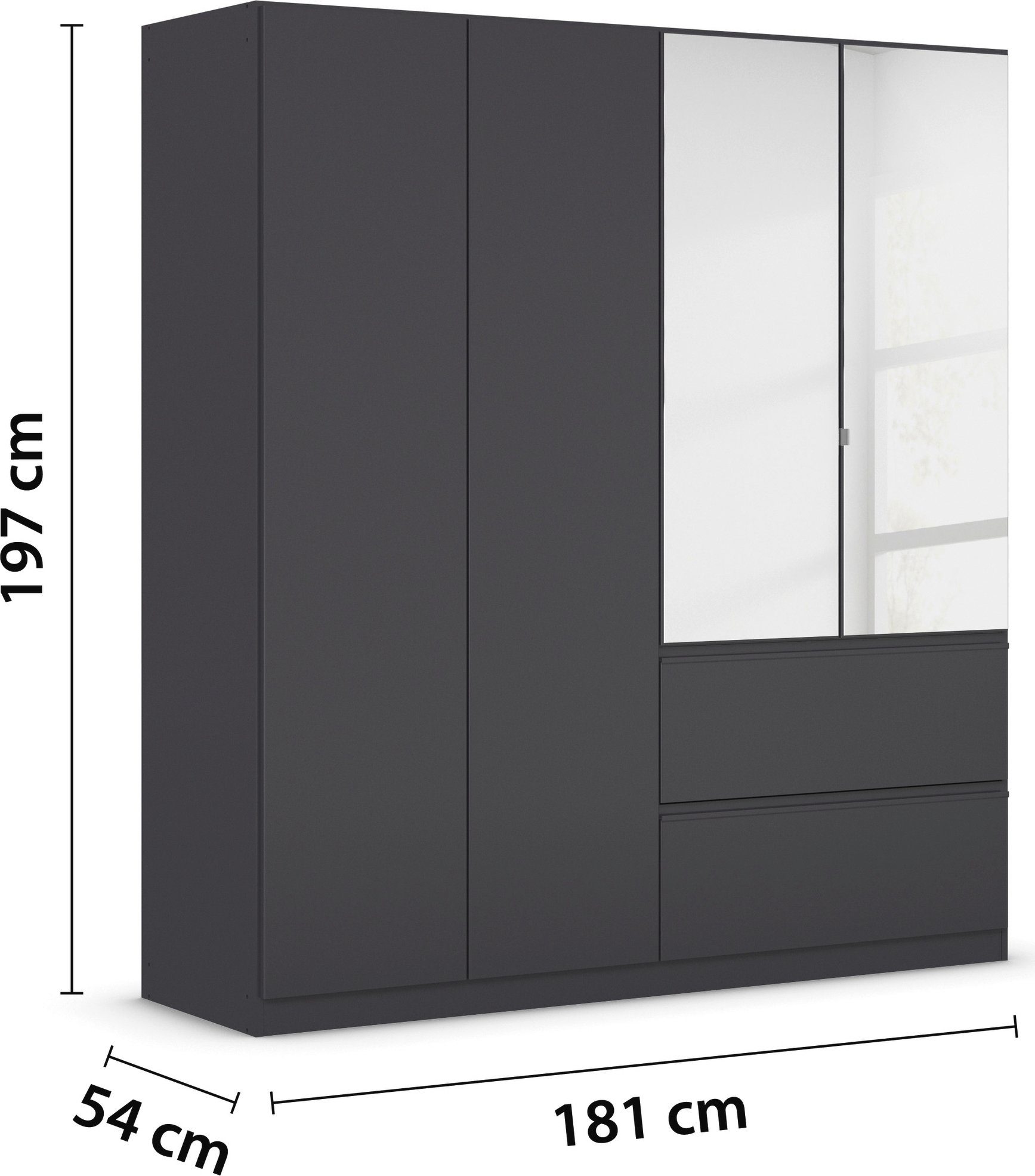 rauch Draaideurkast Kledingkast Kast Garderobe Wasmand COSTA in 3 Breedtes met spiegel, greeploos front en push-to-open functie made in germany