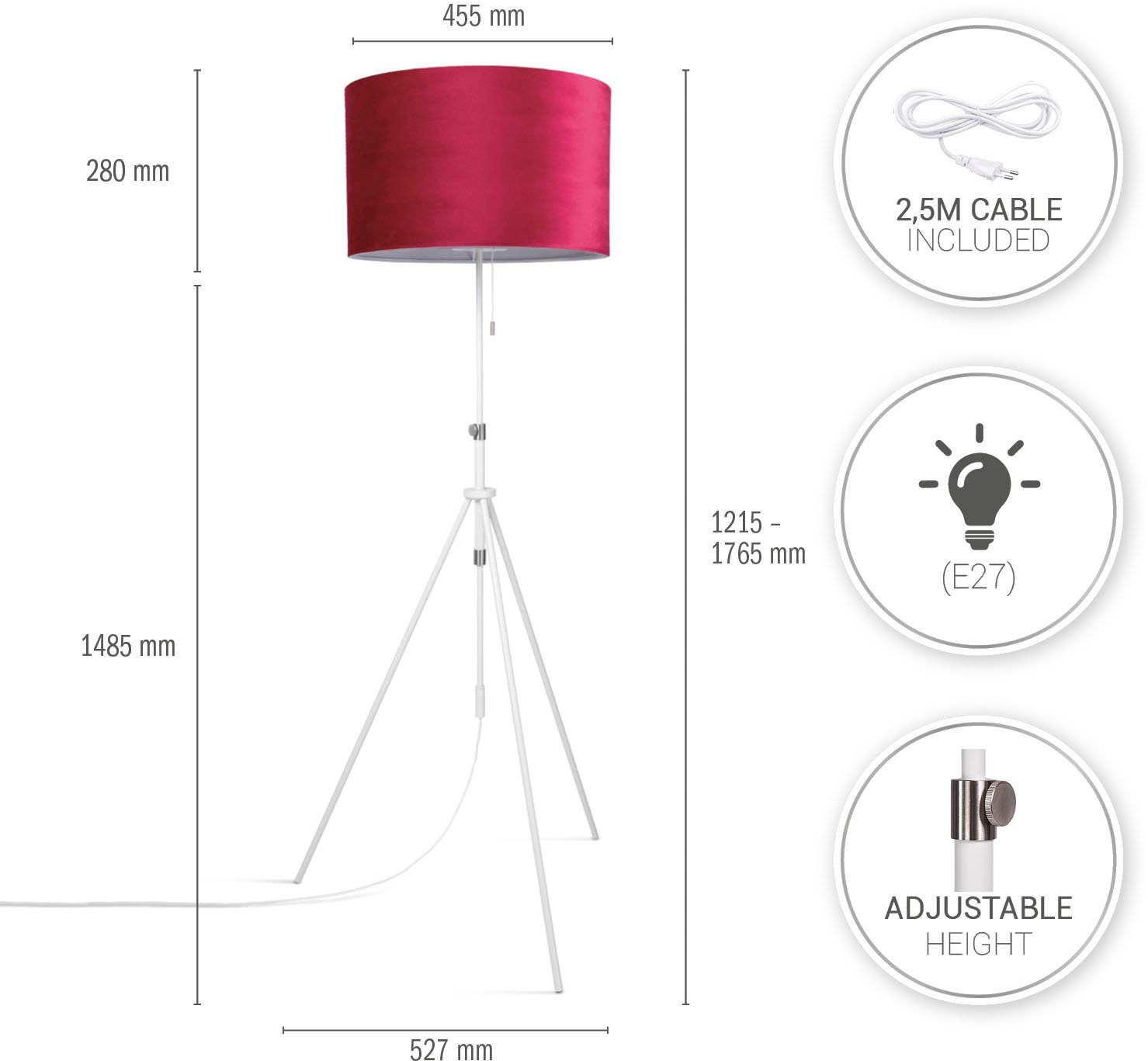 Paco Home Staande lamp Naomi uni Color Woonkamer in hoogte verstelbaar 121,5 tot 176,5 cm trekschakelaar velours