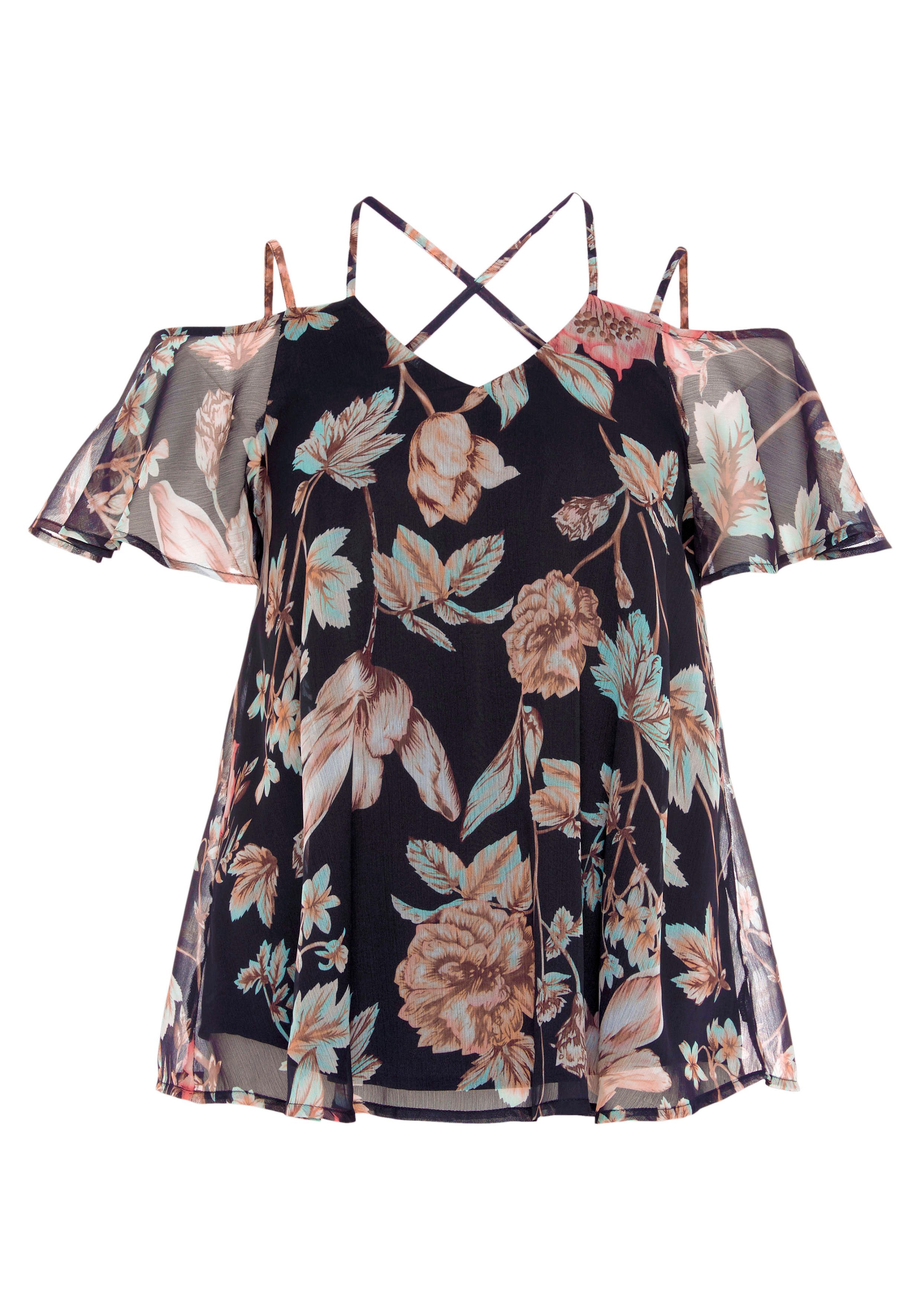 Lascana Chiffon blouse met bloemenprint en trendy bandjes, korte mouwen blouse, damesblouse