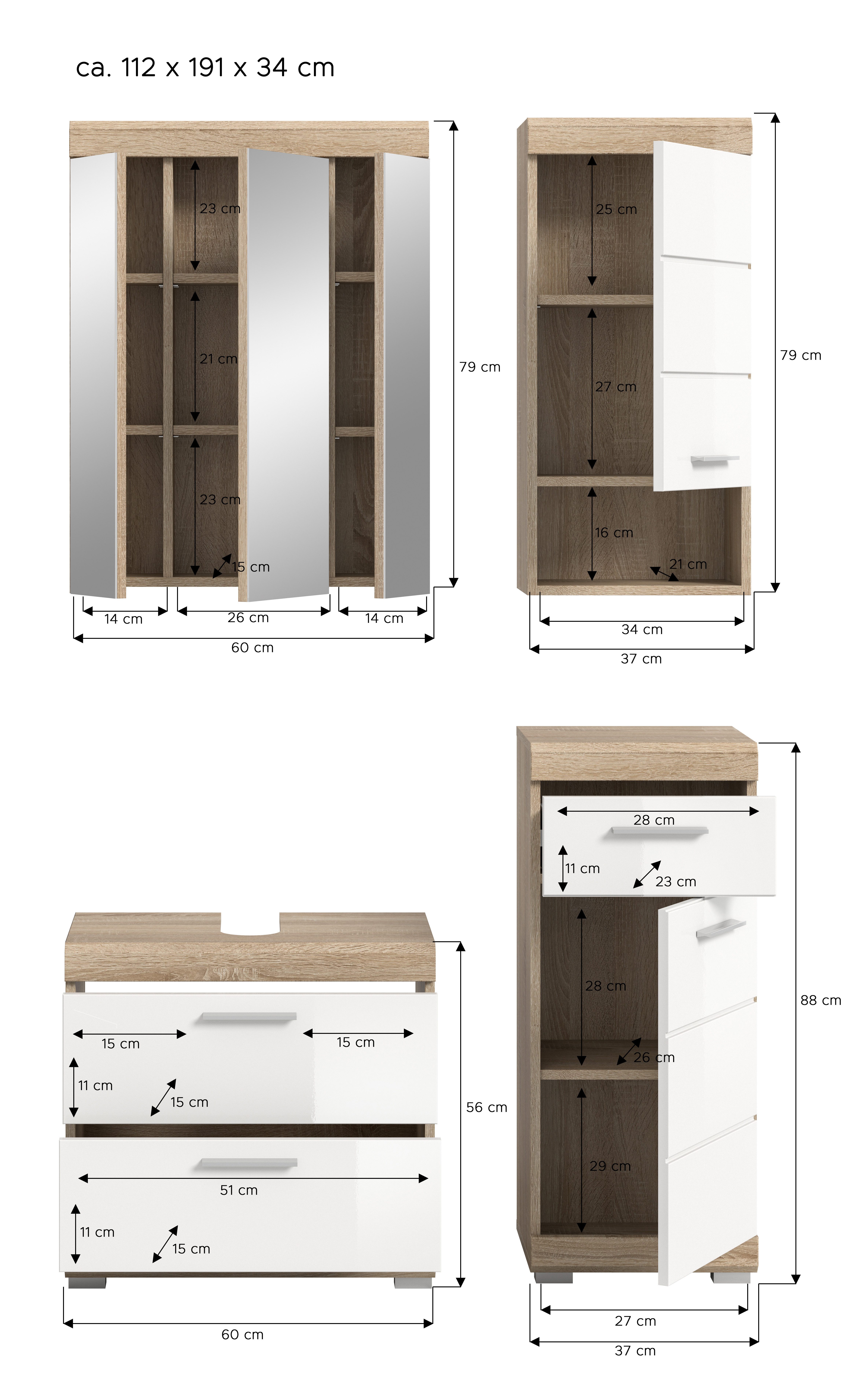INOSIGN Badkamerserie Siena, 4-delig, bestaande uit: Wastafelonderkast, Spiegelkast, Onderkast, Hankast (set, 4-delig)