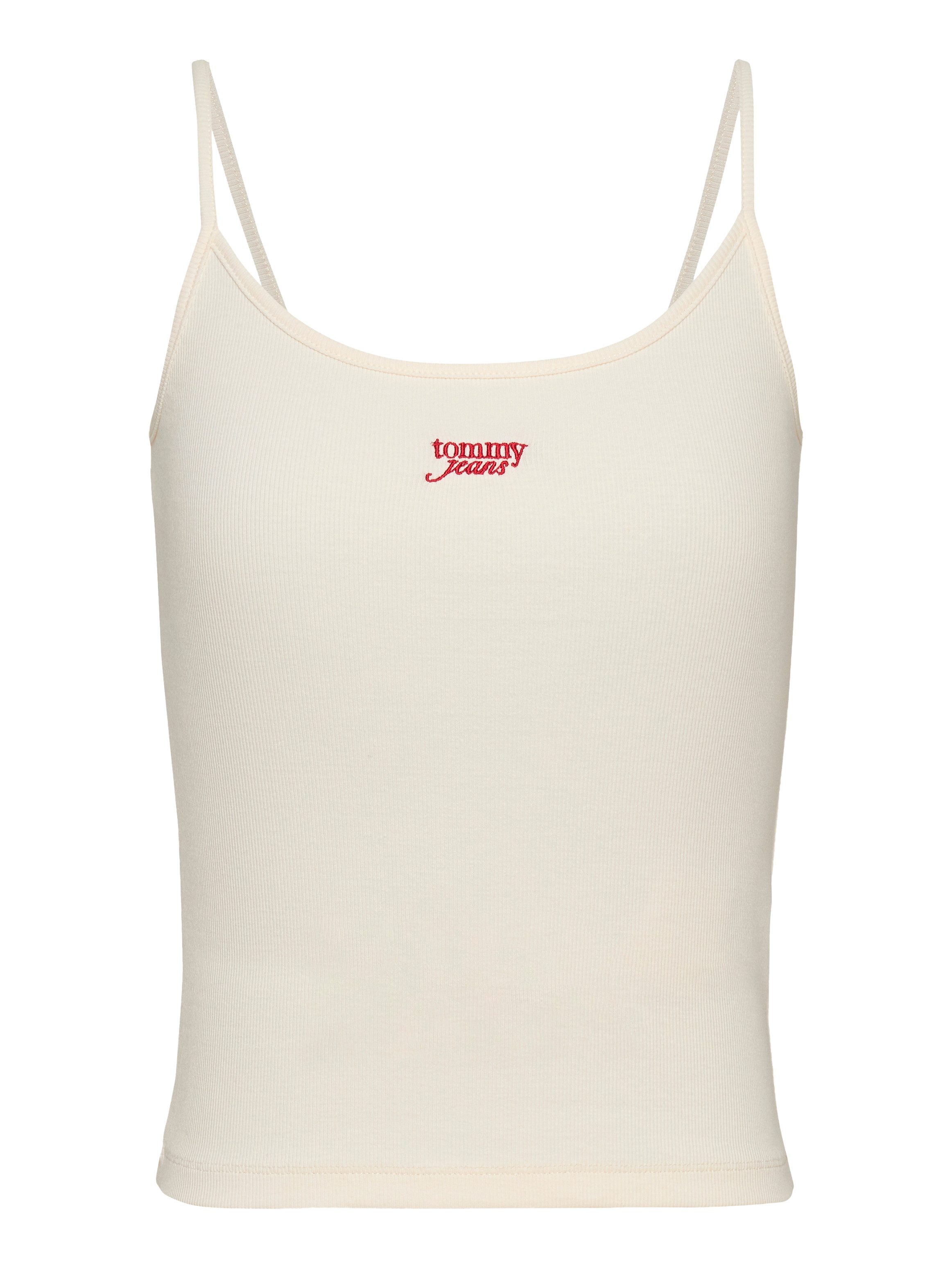 TOMMY JEANS Top met spaghettibandjes TJW SCRIPT STRAPPY TOP in riblook, met logo-opdruk