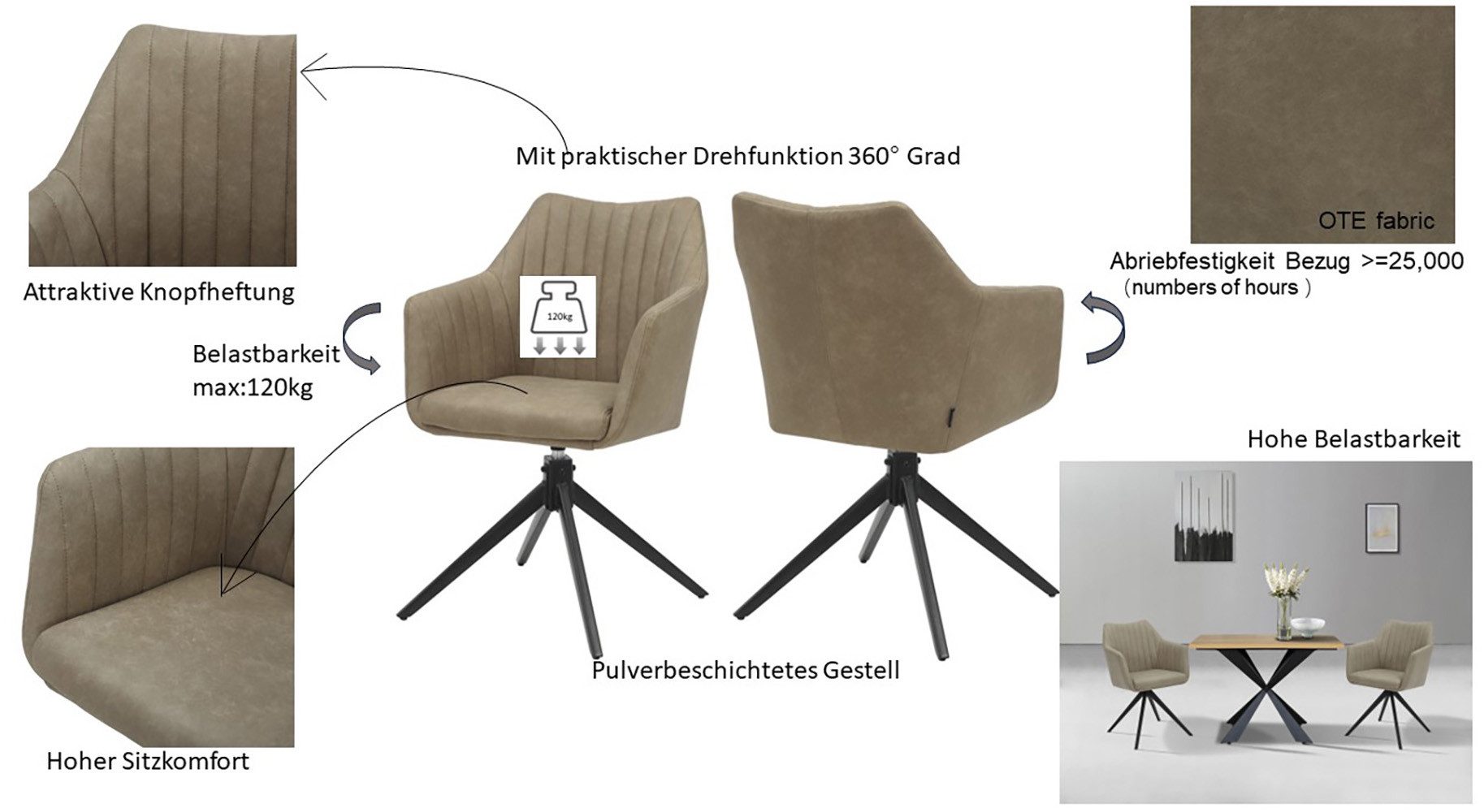 Home affaire Eetkamerstoel Naples, TOPSELLER! Draaisteel met 360 graden draaifunctie, hoogwaardige materialen, onderhoudsvriendelijk (set, 2 stuks)