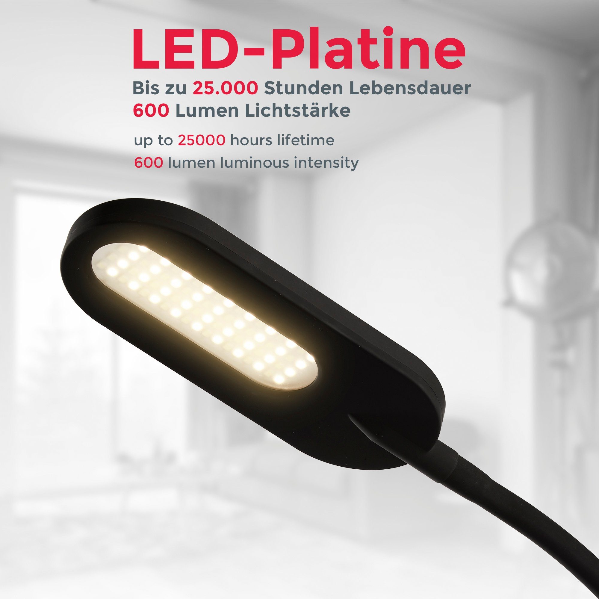 B.K.Licht Staande lamp BK_ST1157 LED vloerlamp, zwart, dimbaar, CCT, touch-functie Leeslamp, incl. 8W, 600Lm, warmwit - koudwit, geheugenfunctie (1 stuk)