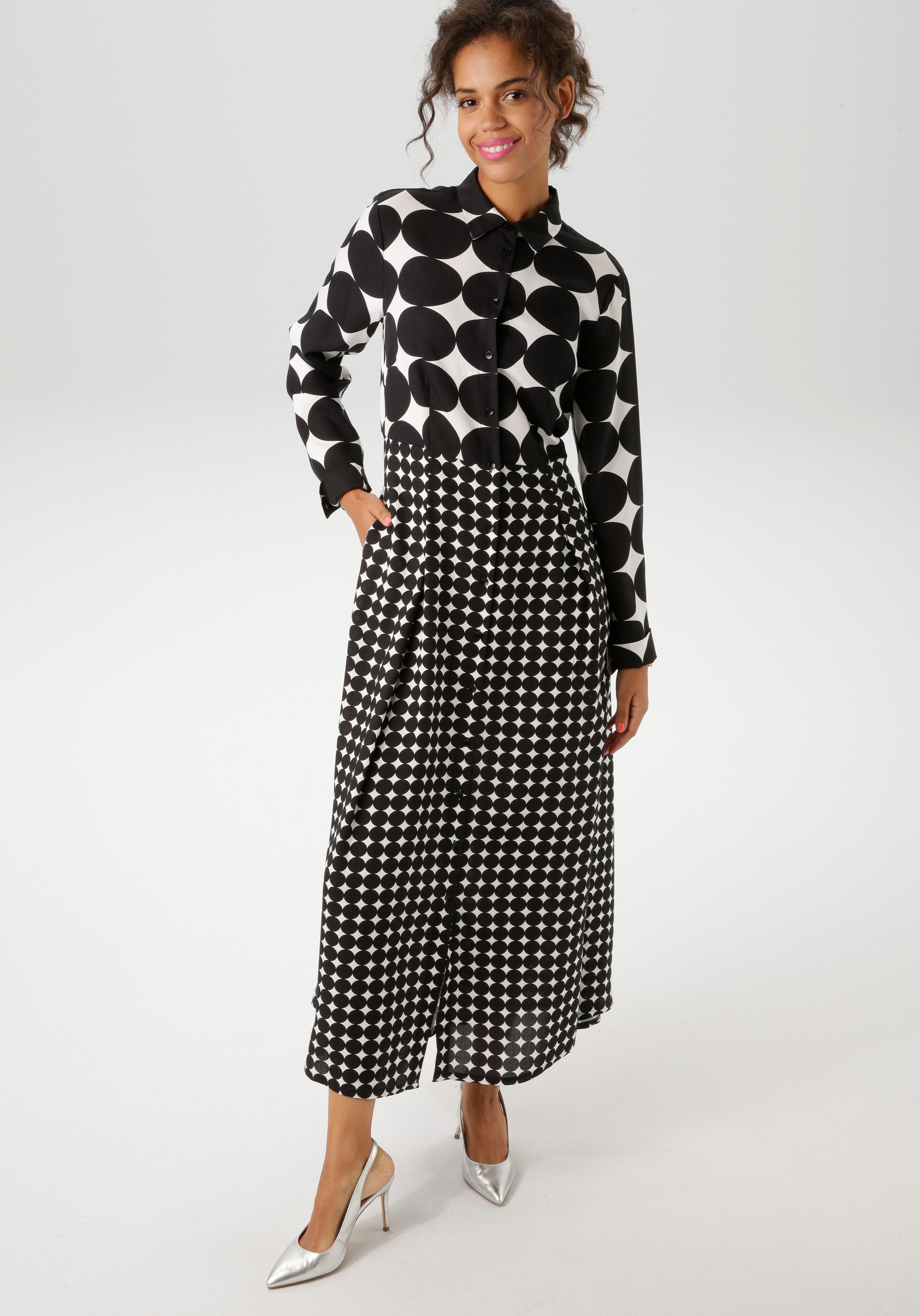 Aniston CASUAL Maxi-jurk in een mix van grote en kleine cirkels - nieuwe collectie dames maxi-jurken maat 36 zwart