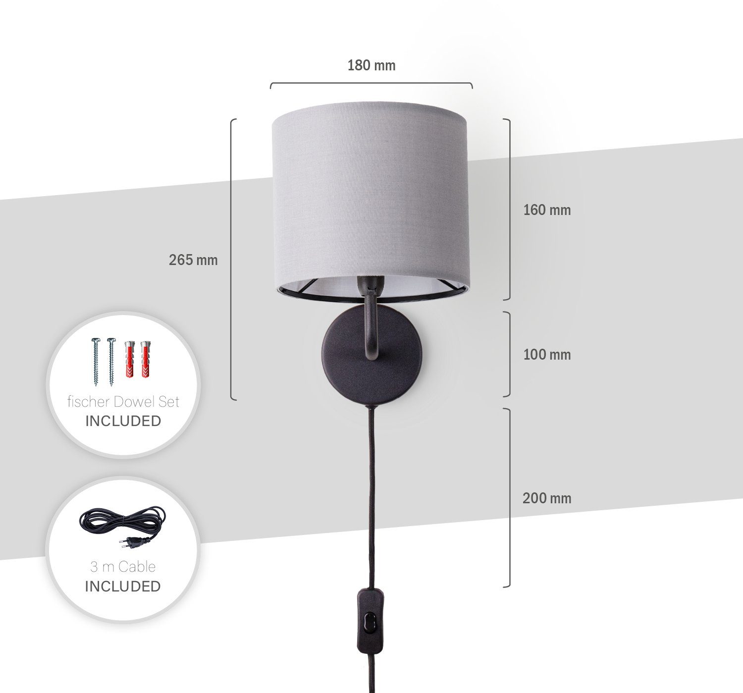 Paco Home Wandlamp Uni Color Wandlamp schakel gang woonkamer Ø…18cm effen decor kabel 3m E14