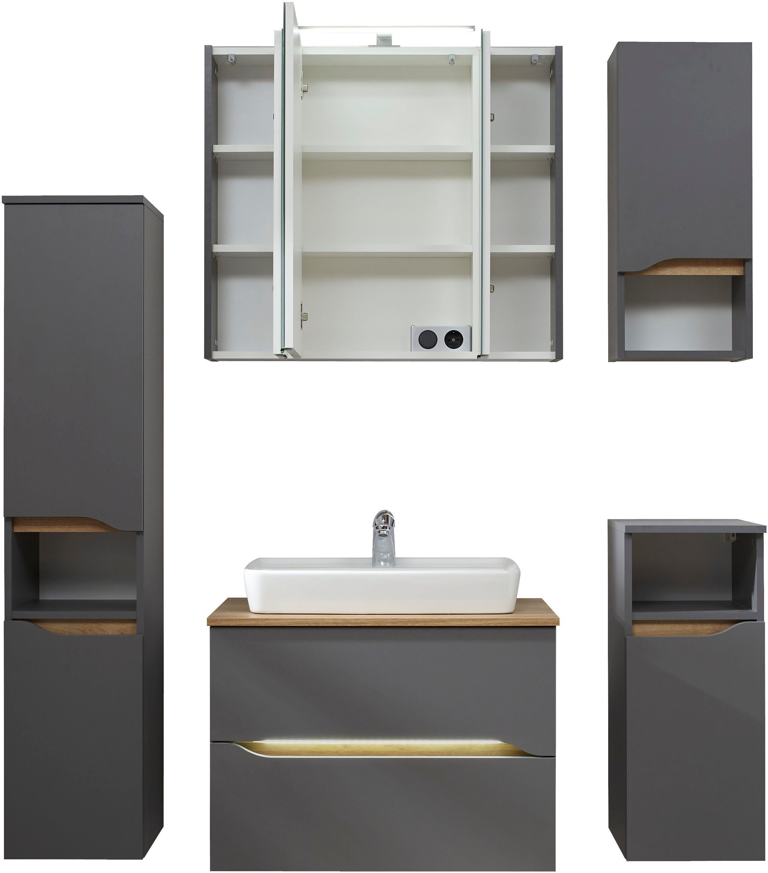 Saphir Badkamerserie Quickset 5-delig, keramische opzetwastafel en LED-spiegelkast Halfhoge kast, onderkast, hangend kastje, inclusief deurdemper, 7 deuren (8-delig)