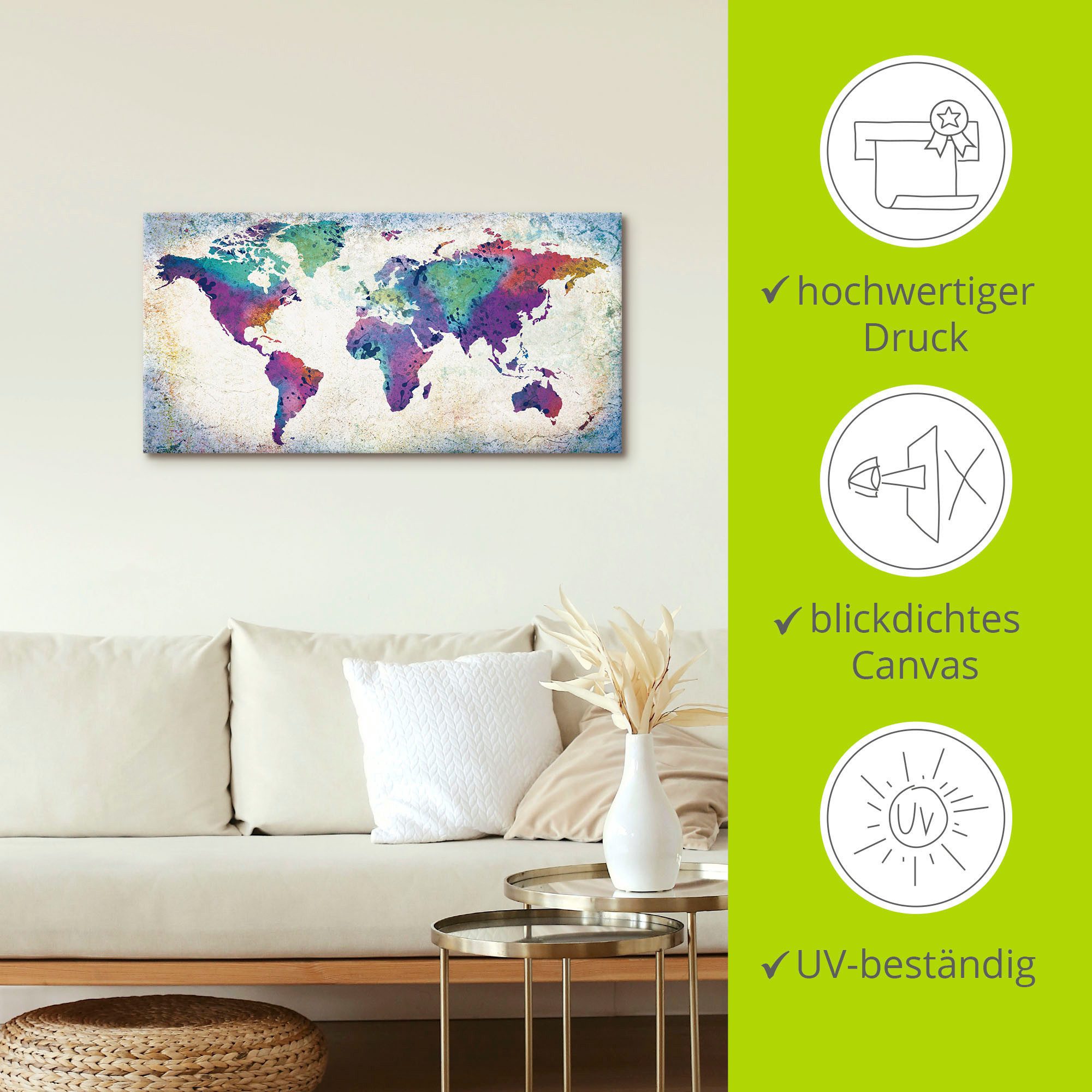 Artland Artprint Veelkleurige wereldkaart als artprint van aluminium, artprint voor buiten, artprint op linnen, poster, muursticker