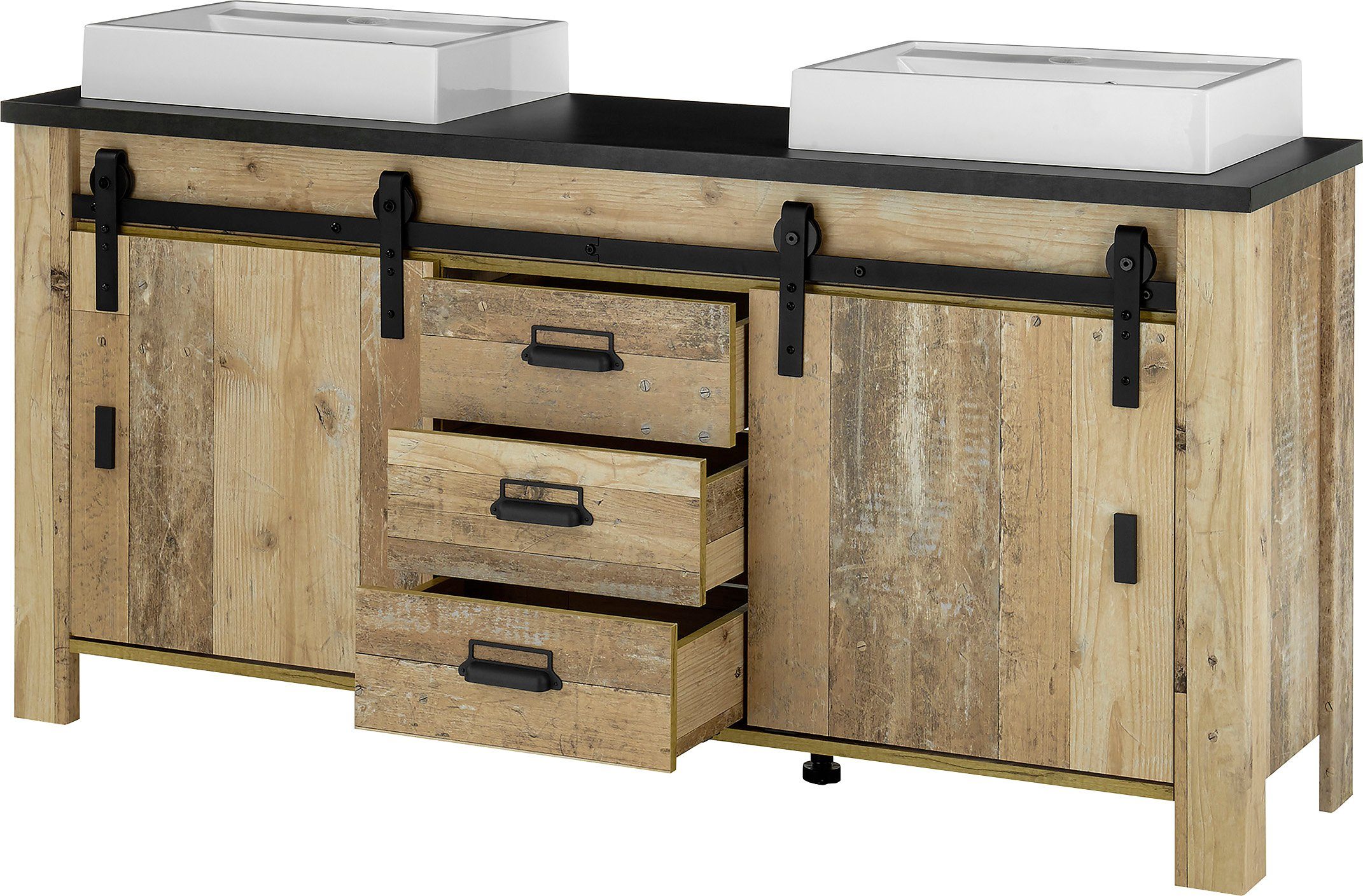 Home affaire Wastafelonderkast Sherwood Hout, schuurdeurbeslag en apothekersgrepen van metaal, hoogte 91 cm (1 stuk)