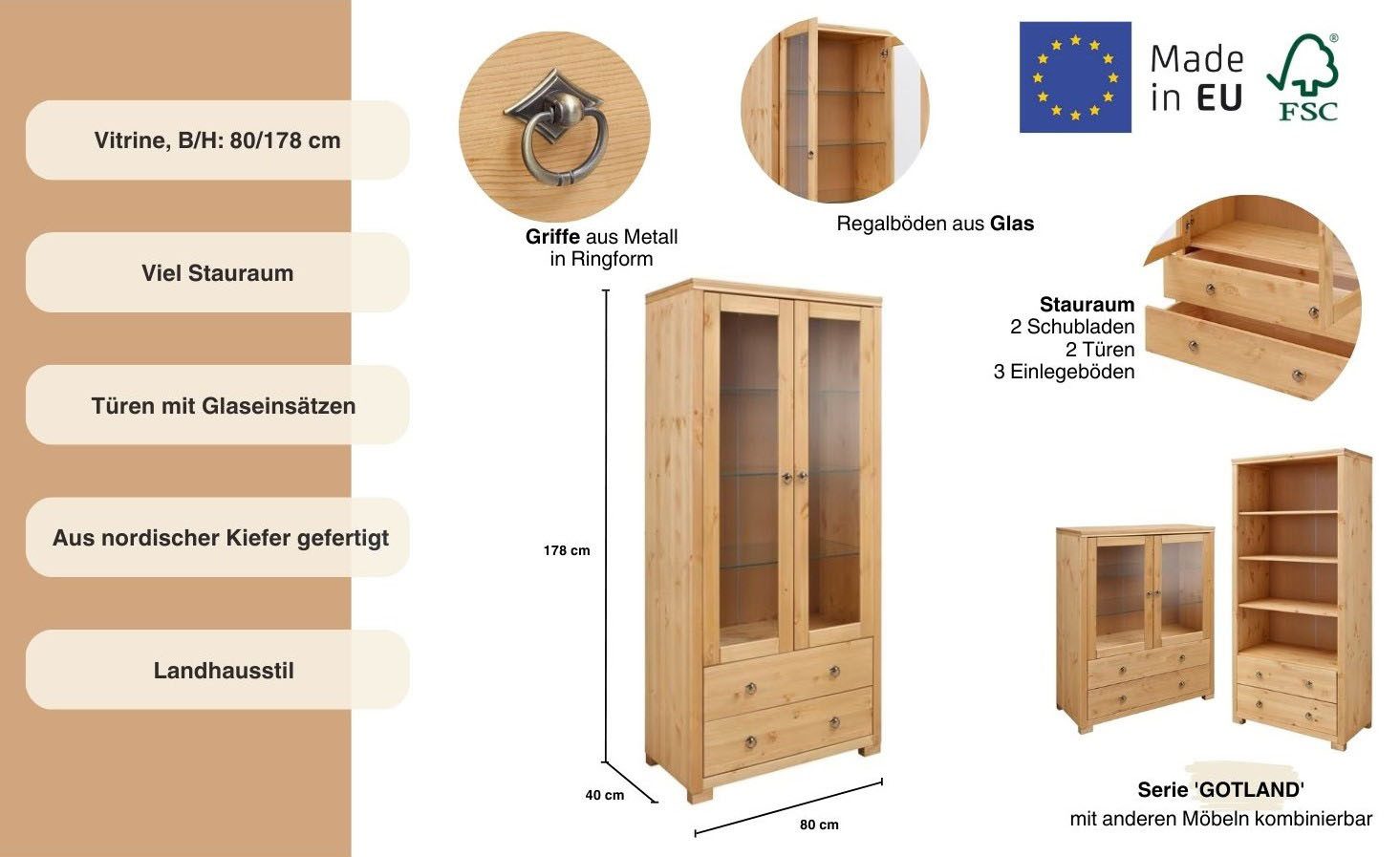 Home affaire Vitrinekast Gotland Breedte 80 cm, hoogte 178 cm, met glazen deuren, van massief grenen, FSC®