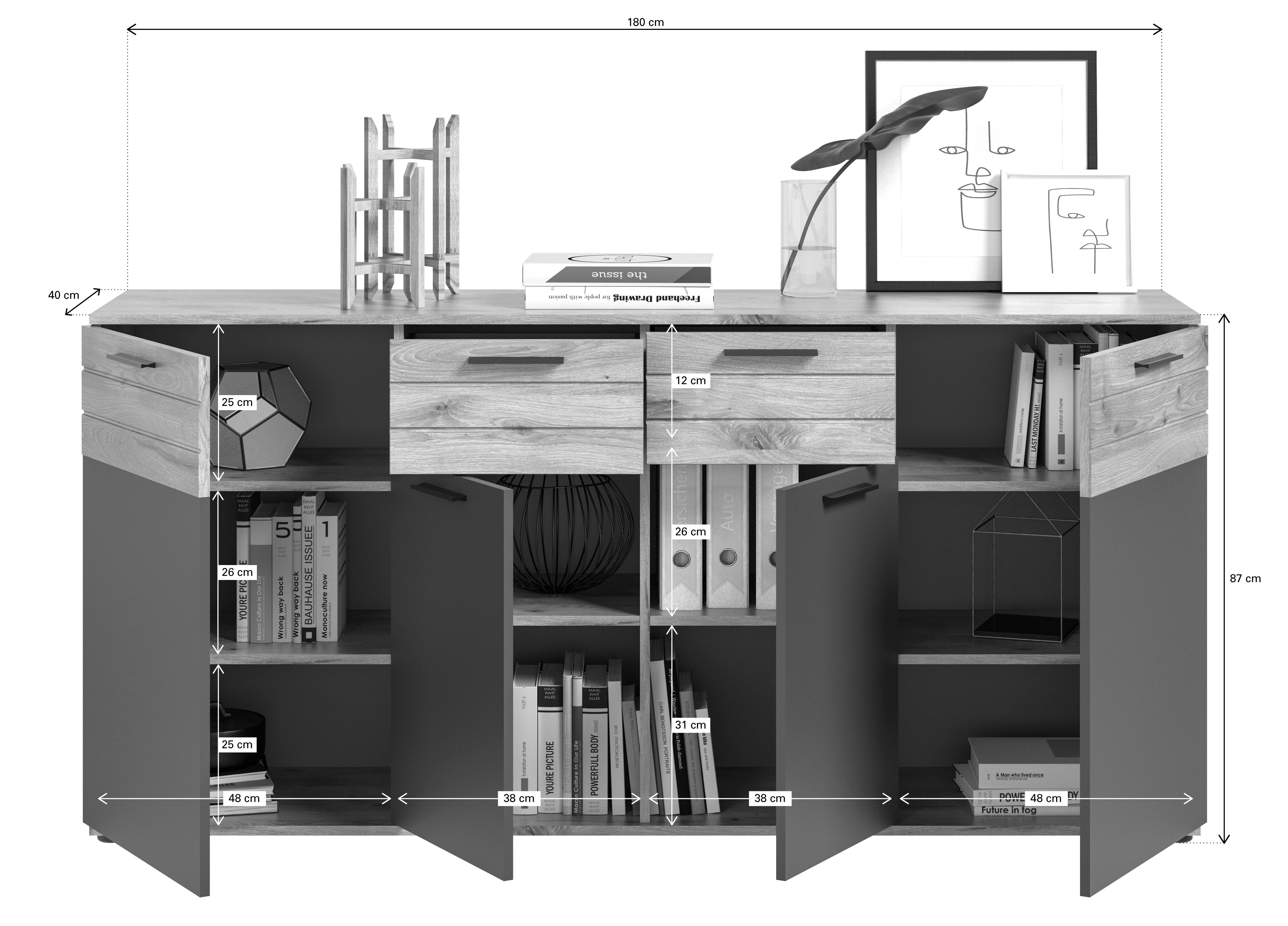INOSIGN Dressoir Riga, Breedte 180 cm, 4 Deuren, 2 Lades, 6 Planken, 10 Vakken hoogwaardige groeffrezen, met softclose, commode, dressoir, kast