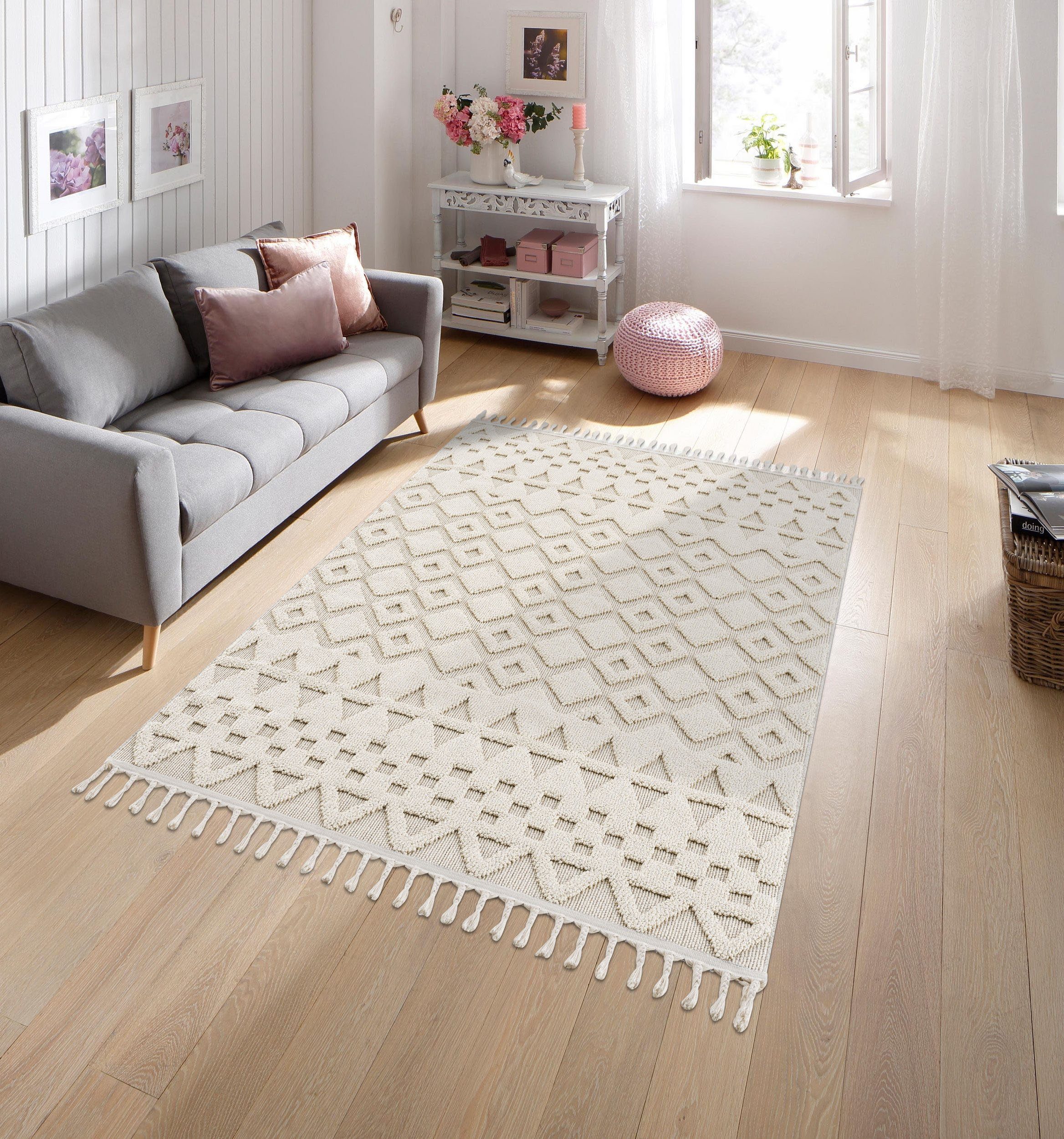 andas Vloerkleed Juliane, loper, rond tapijt Reliëfstructuur, wol-look, boho, met franje