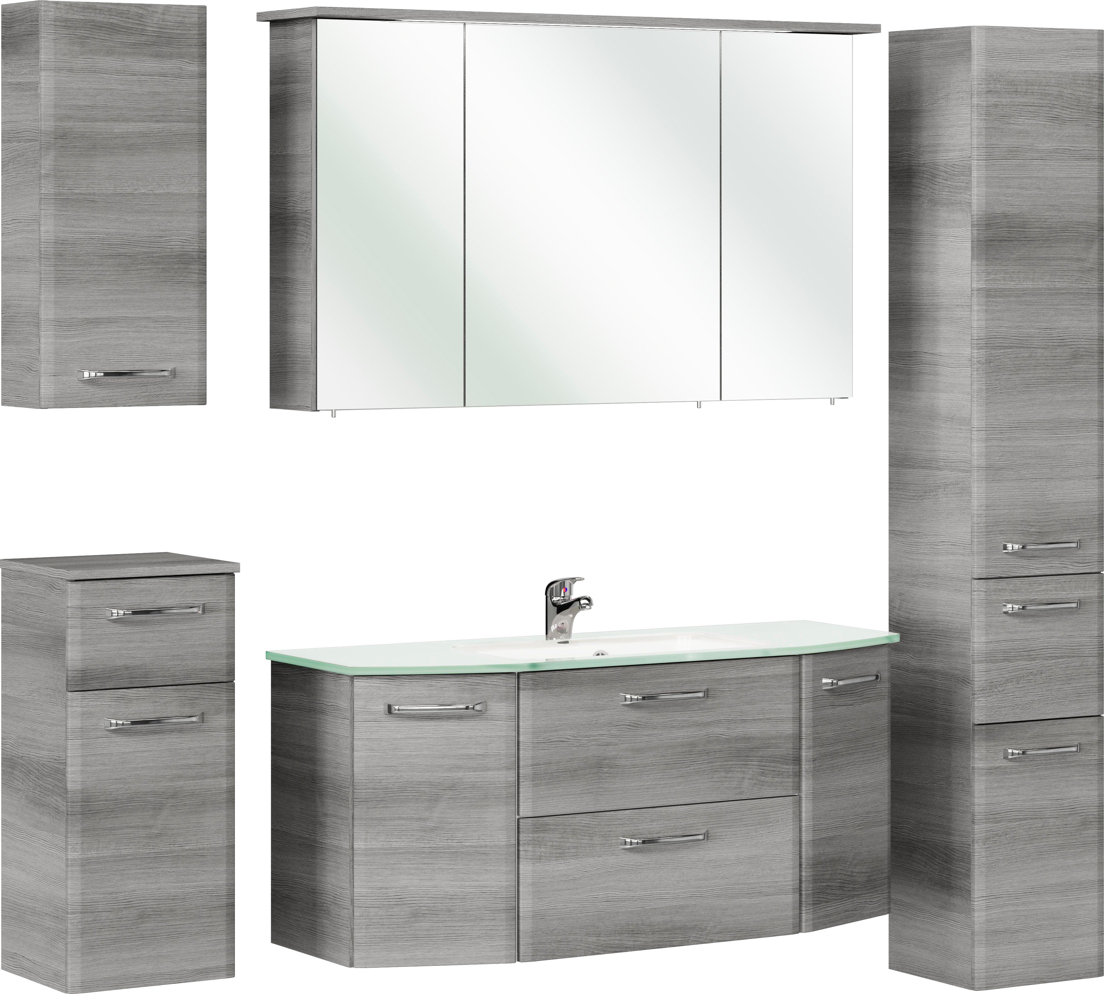 Saphir Badkamerserie Quickset 5-delig, glazen wastafel en LED-spiegelkast Hoge kast, onderkast, hangend kastje, inclusief deurdemper (6-delig)