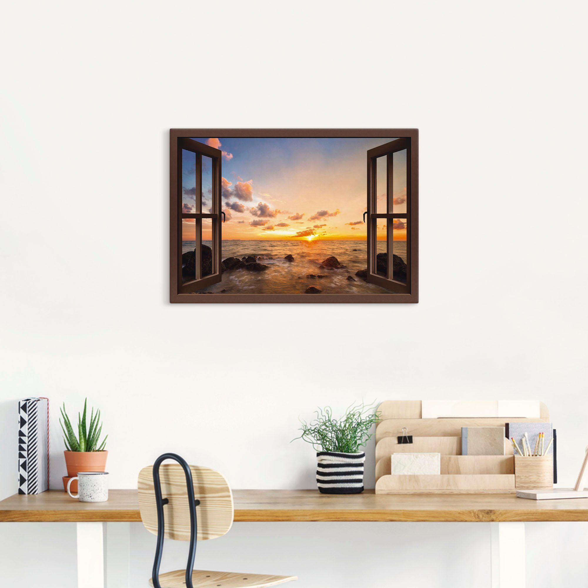 Artland Artprint Blik uit het venster zonsondergang aan zee als artprint van aluminium, artprint voor buiten, artprint op linnen, poster, muursticker