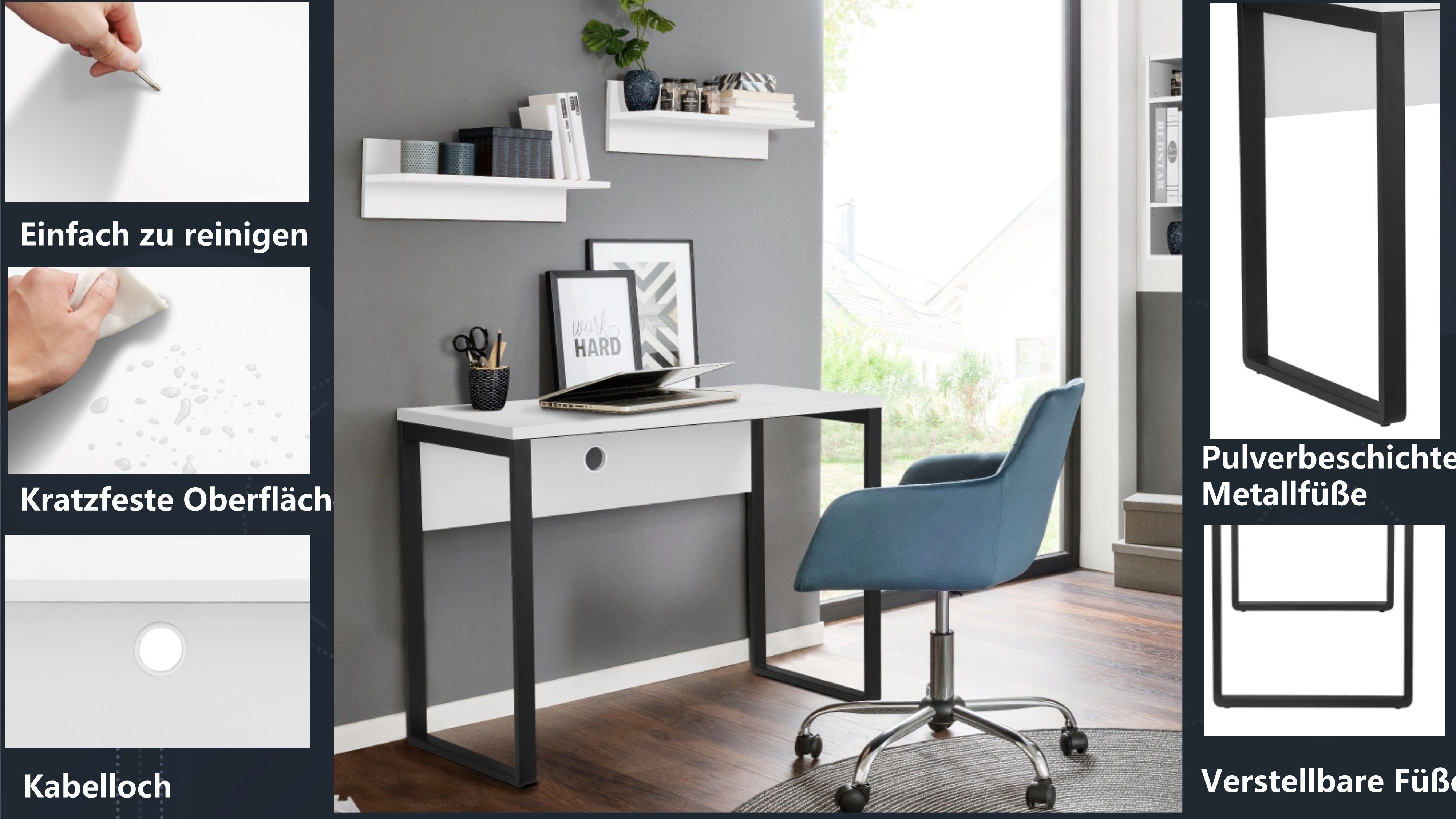 Places of Style Bureau Moid Computertafel, kabeldoorvoer, metalen slede, breedte 100 cm