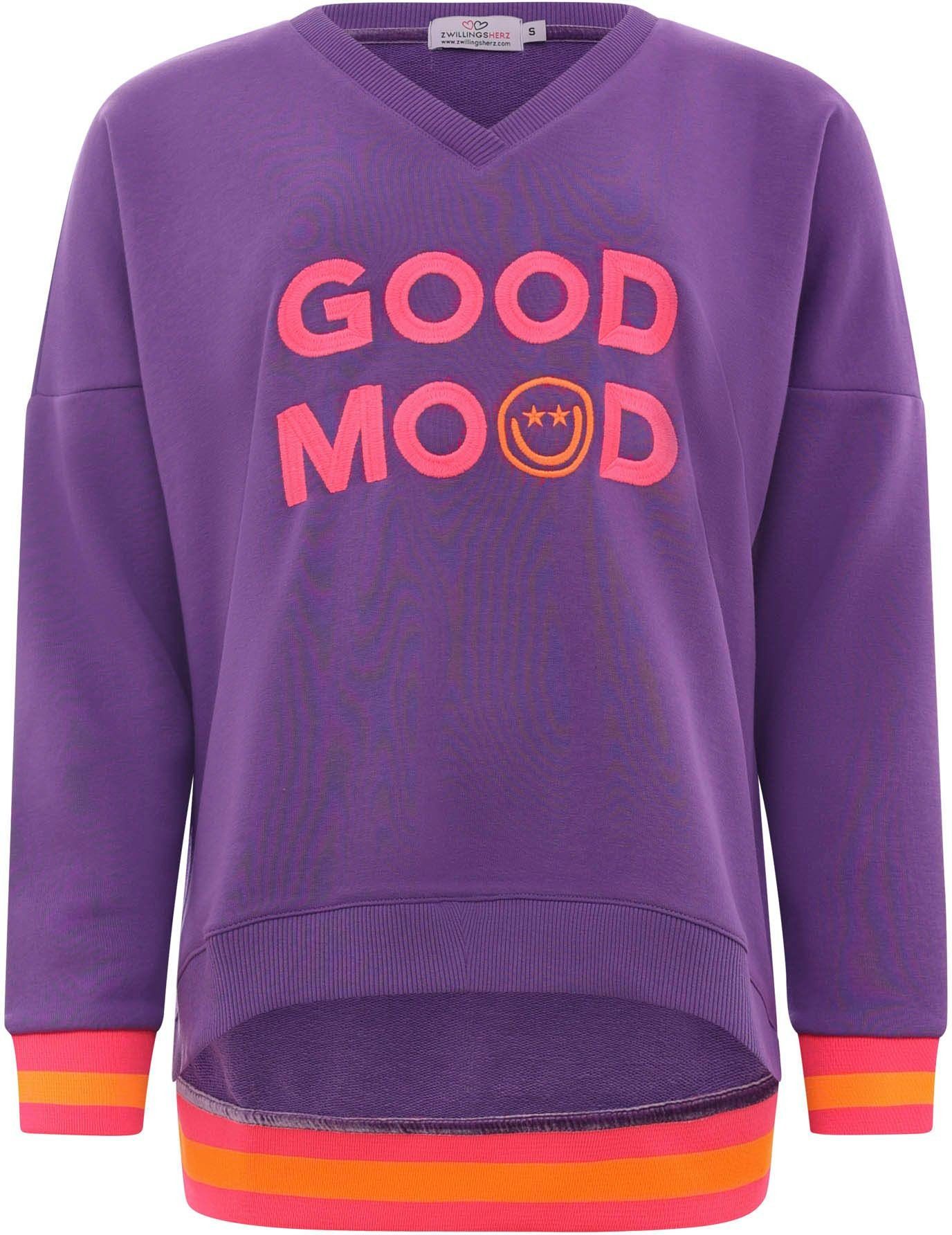 Zwillingsherz Sweatshirt DANA met "good mood"-opdruk en neonkleurige boorden