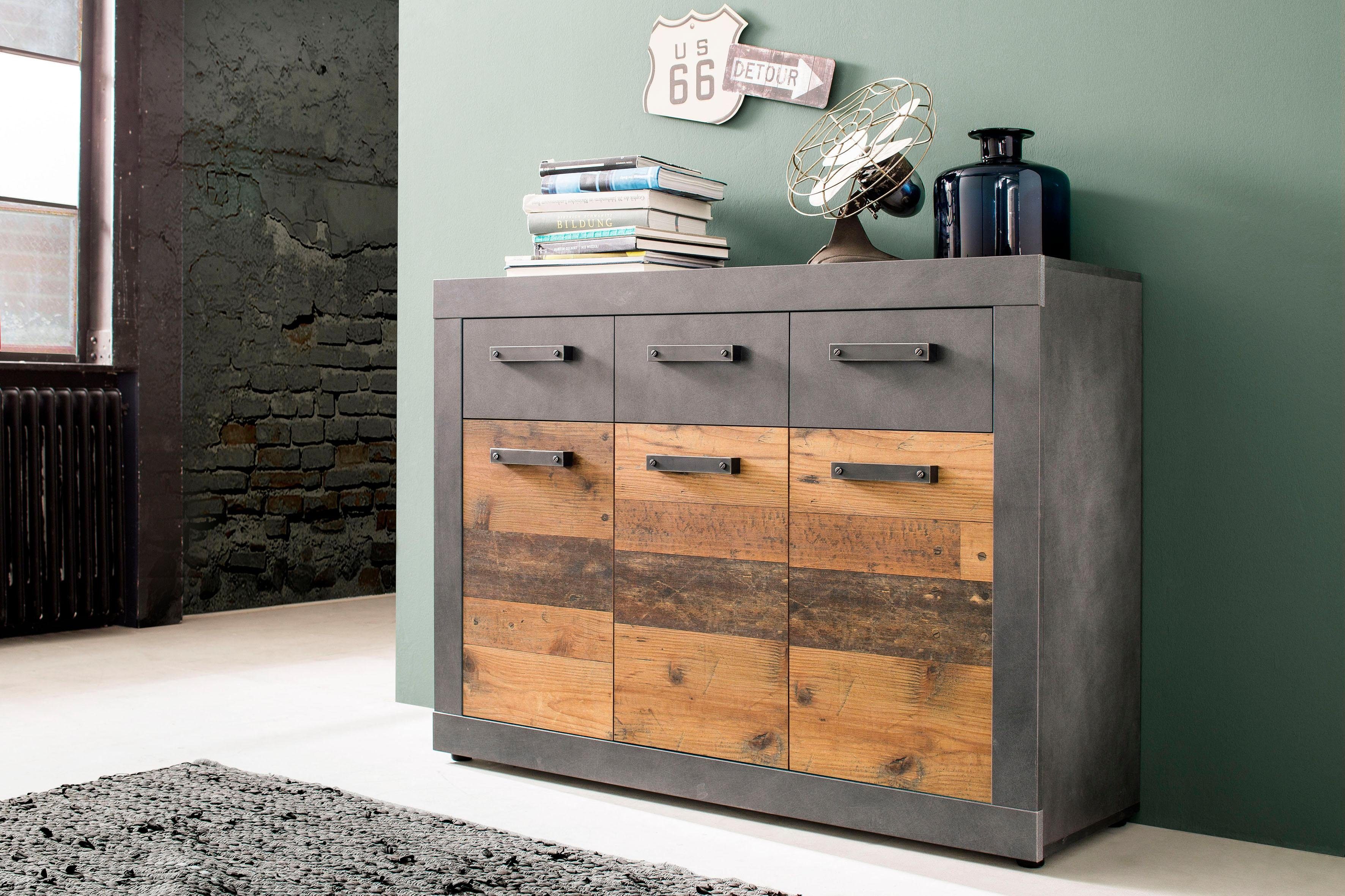 INOSIGN Kast Ilana Multifunctionele kast in moderne industriële stijl - Met 3 lades dressoirs maat 117x37x86 cm grijs
