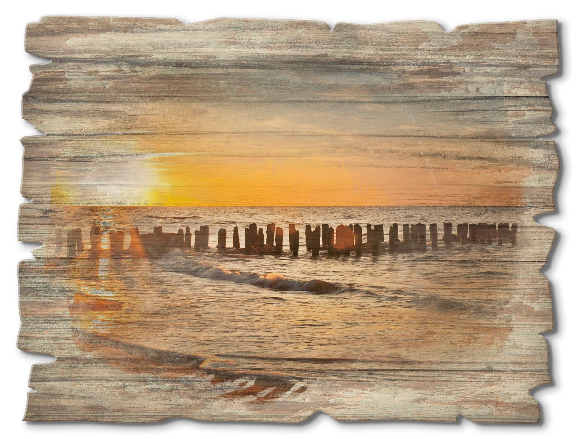 Artland Artprint op hout Mooie zonsondergang aan het strand artprint op hout oranje