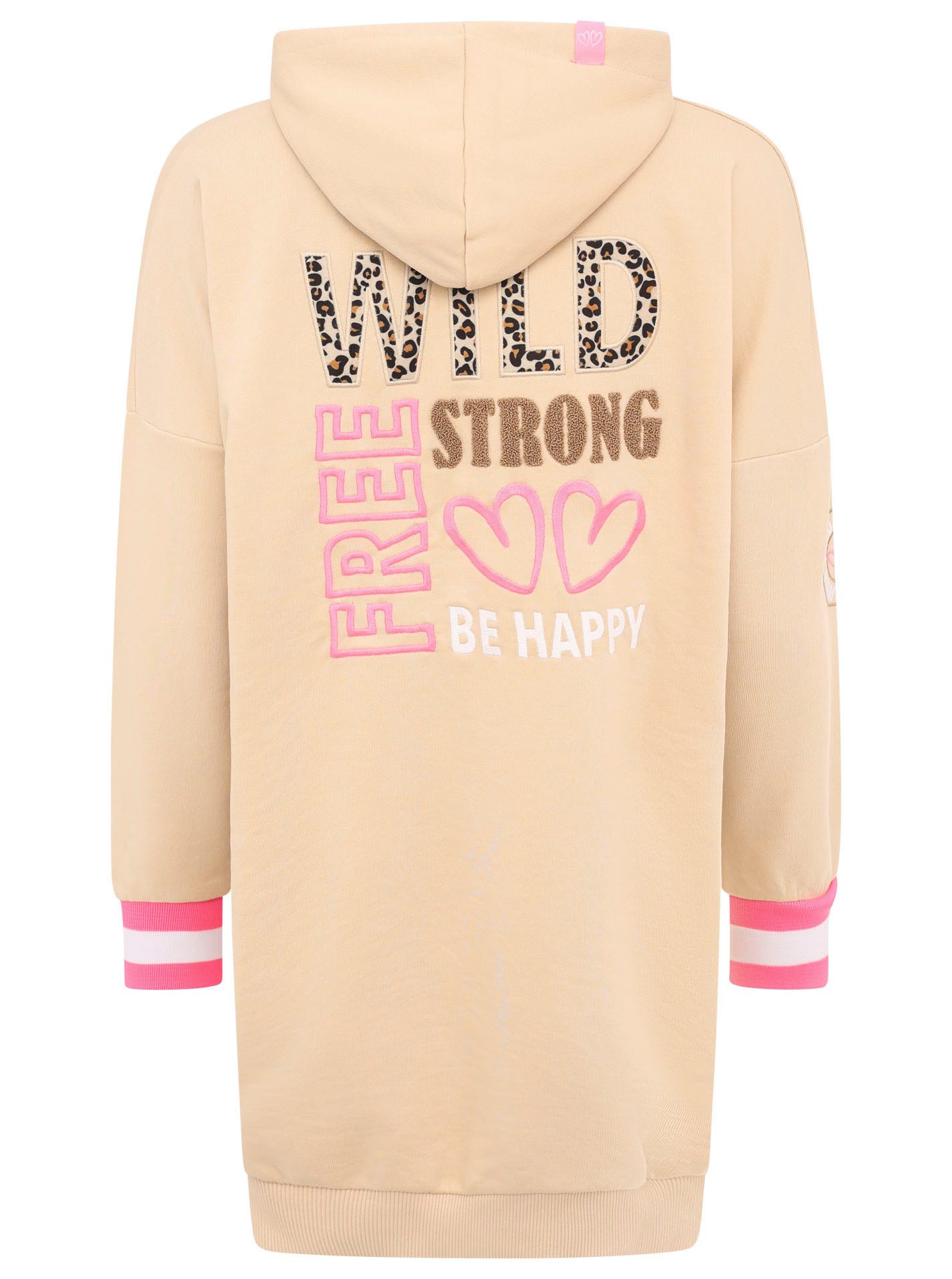 Zwillingsherz Sweatjurk Wild Free met capuchon, zak, leo-detail en grote borduursel achter