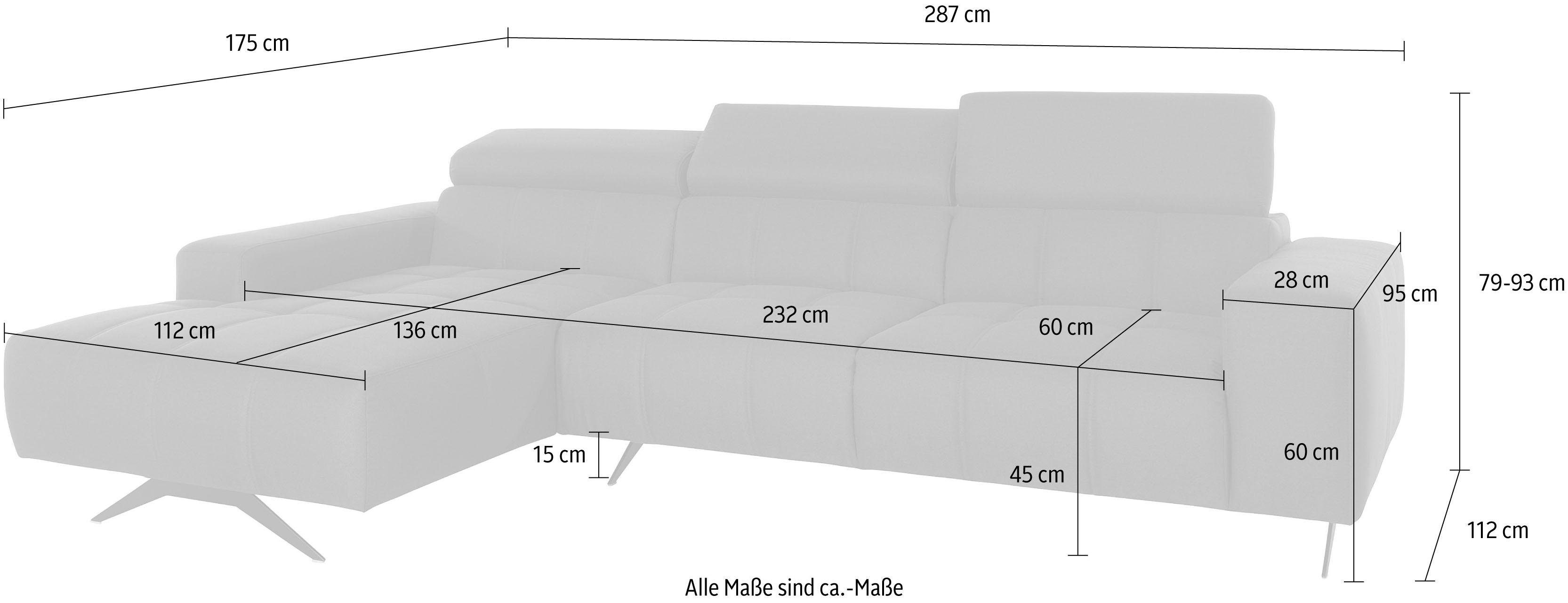DOMO collection Hoekbank Trento L-vorm, met sledevoet of enkele voet naar keuze met verstelbare hoofdsteun, récamier links/rechts bestelbaar
