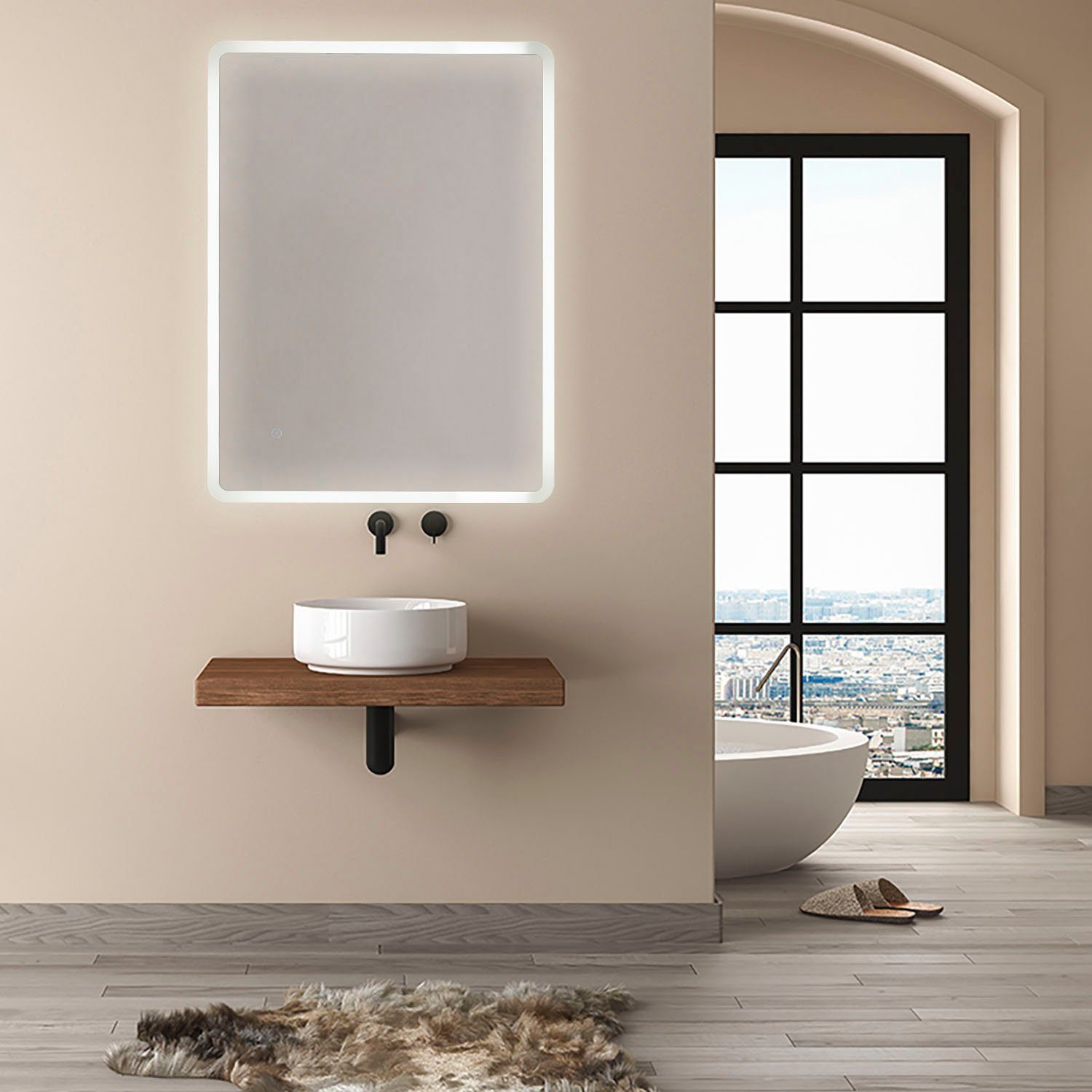 Paco Home Wandlamp Daisy Spiegel LED achterlicht rond 50cm touch-schakelaar wandspiegel badkamer IP44