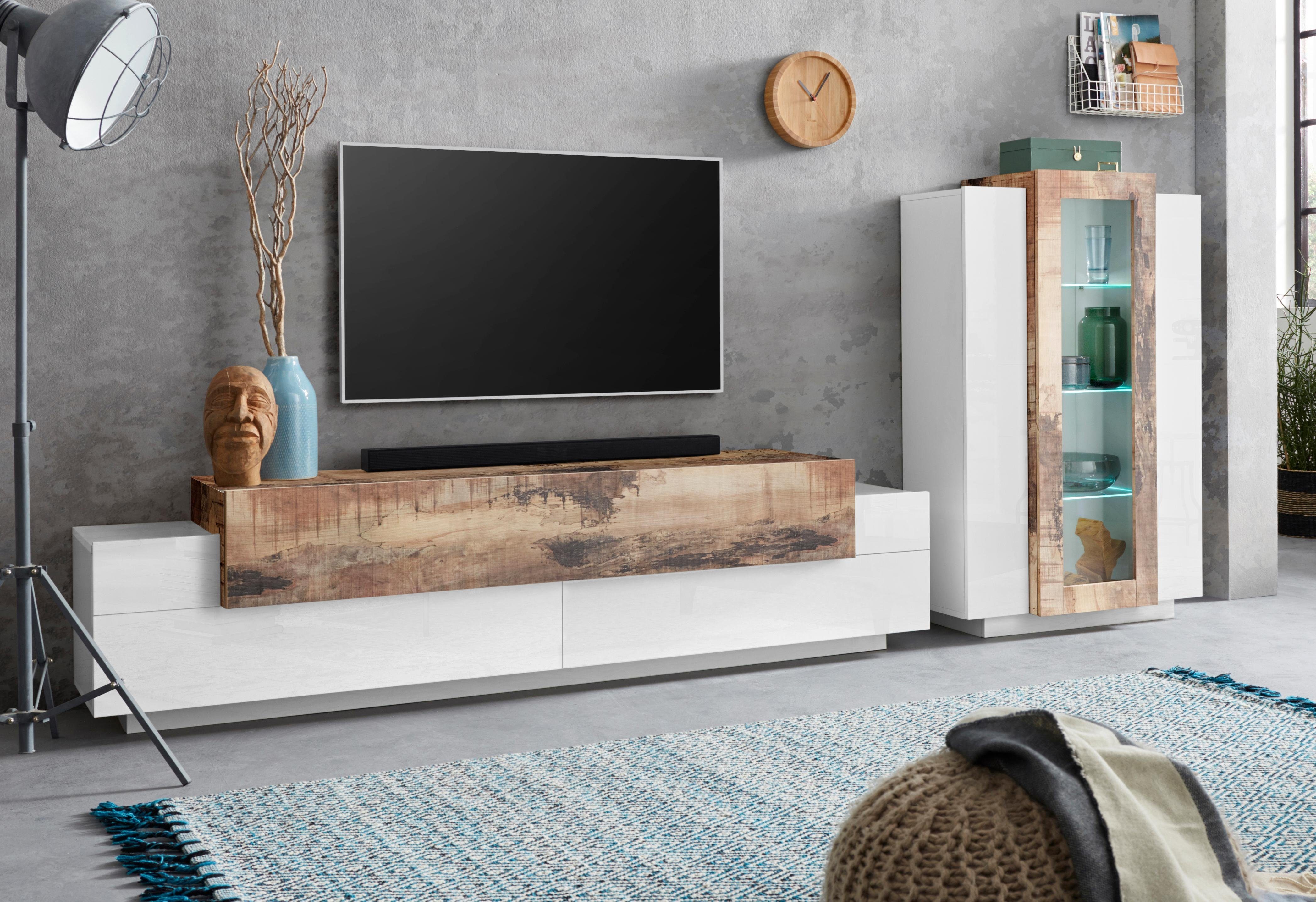 INOSIGN Wandmeubel Coro, aanbouwwand, mediawand Lowboard met 4 vakken, breedte 200 cm en vitrinekast met 3 deuren, breedte 80 cm (set, 2 stuks)