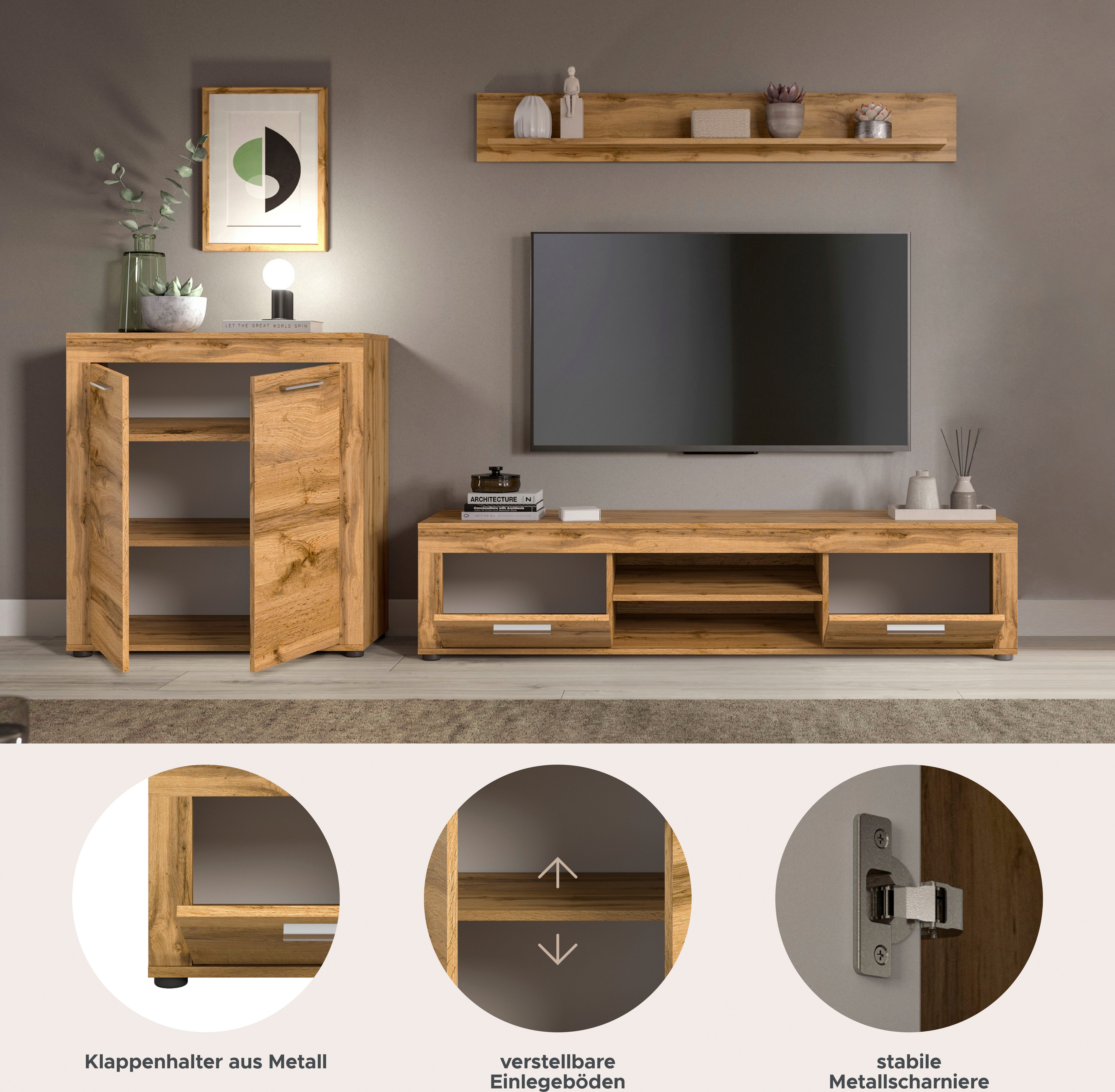 INOSIGN Wandmeubel Aosta, Breedte 255cm, bestaand uit Highboard, Lowboard, Wandplank Woonwand, combinatie, opbouwwand, meubelset, kastwand, meubelcombi (3-delig)
