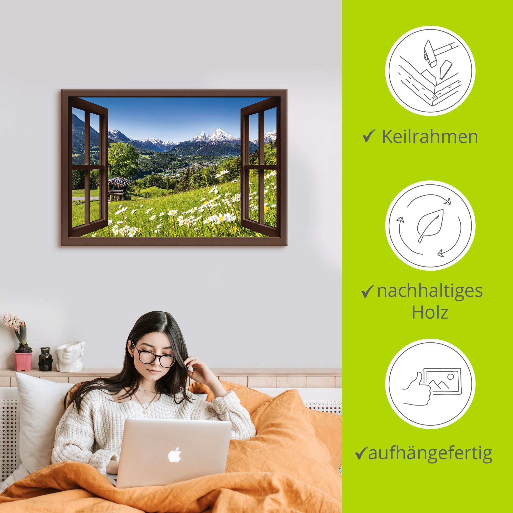 Artland Artprint Blik uit het venster Beierse Alpen als artprint van aluminium, artprint voor buiten, artprint op linnen, poster, muursticker
