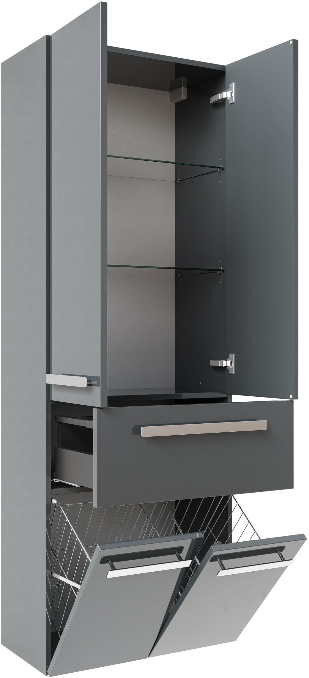 Saphir Hoge kast Serie 4005 badkamerkast 60 cm breed, met 2 deuren en 1 lade hoge kasten grijs